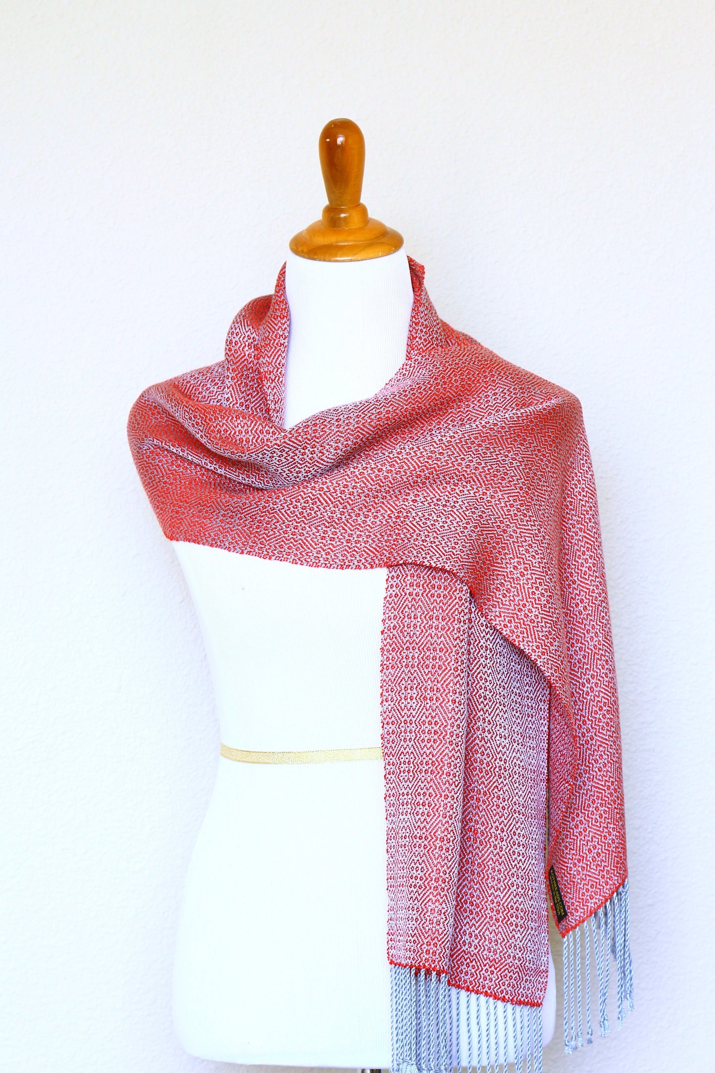 Woven scarf in red and silver color, eucalyptus scarf with fringe