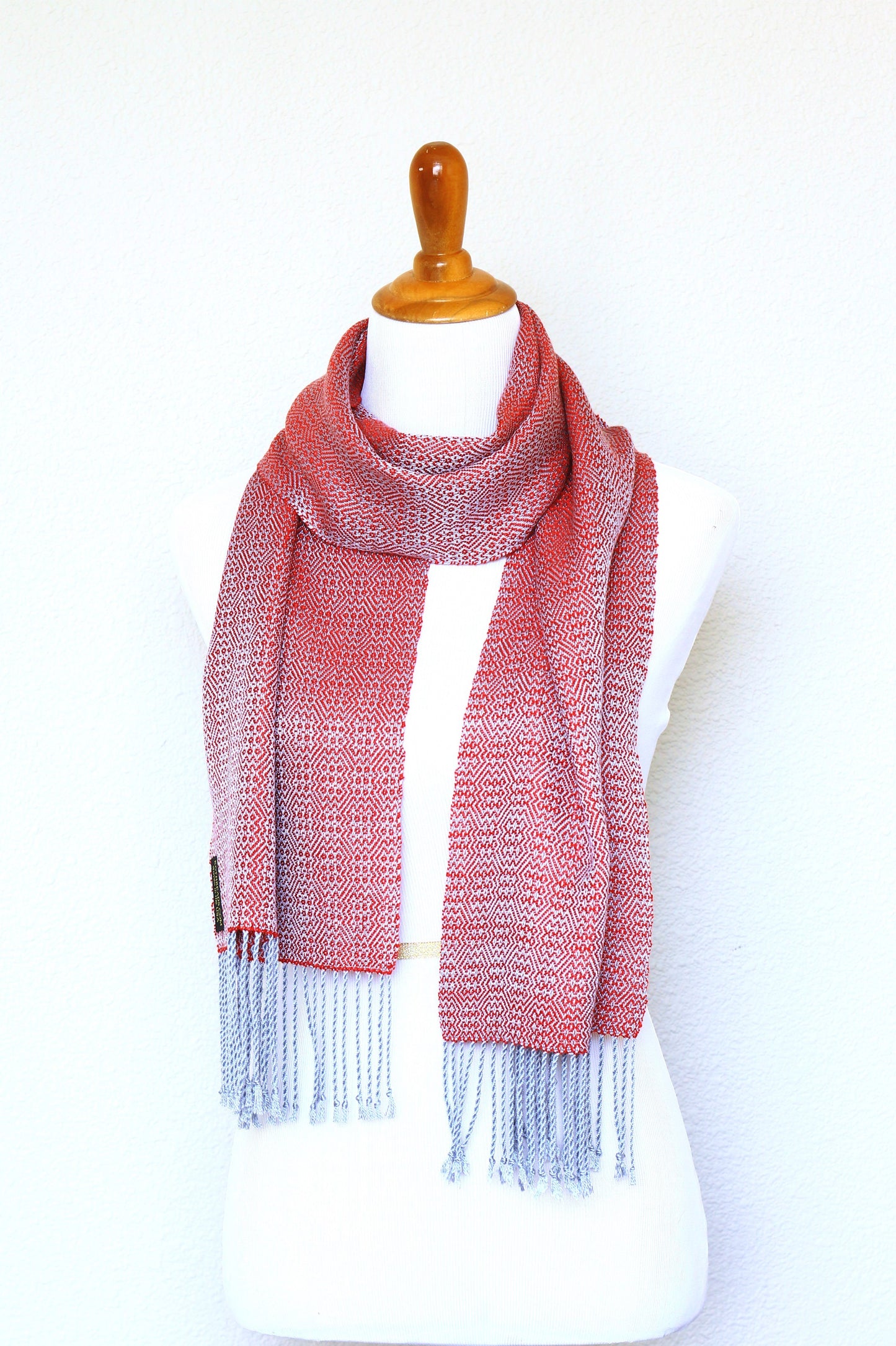 Woven scarf in red and silver color, eucalyptus scarf with fringe