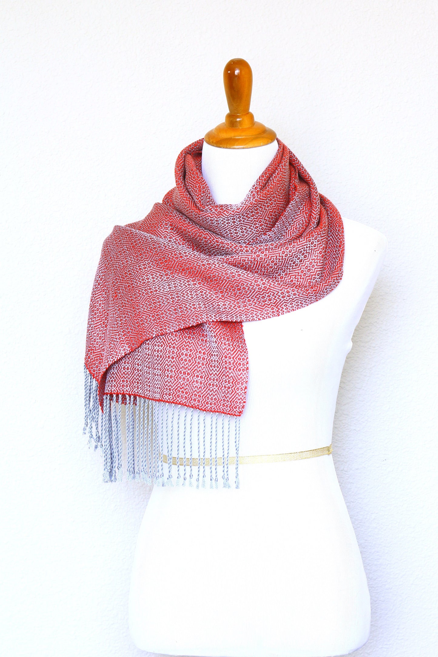 Woven scarf in red and silver color, eucalyptus scarf with fringe