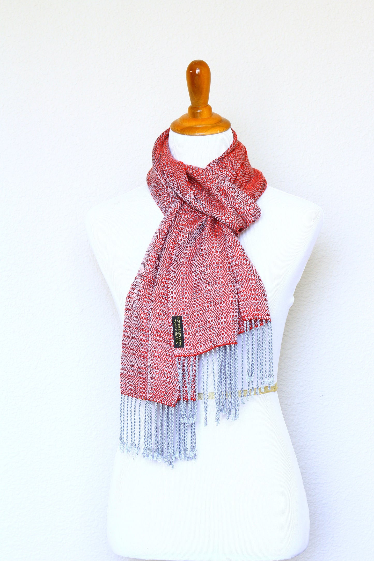 Woven scarf in red and silver color, eucalyptus scarf with fringe
