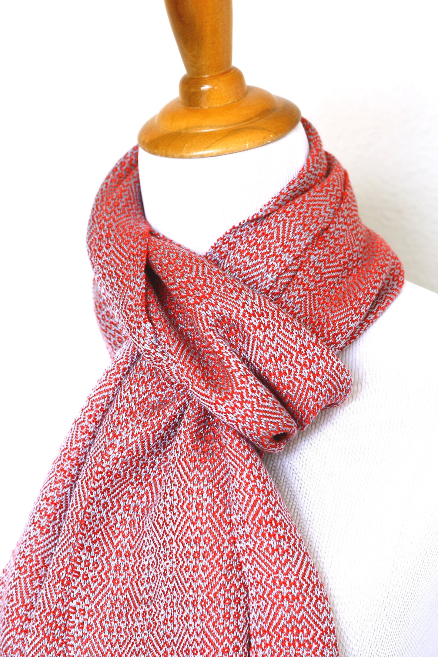 Woven scarf in red and silver color, eucalyptus scarf with fringe
