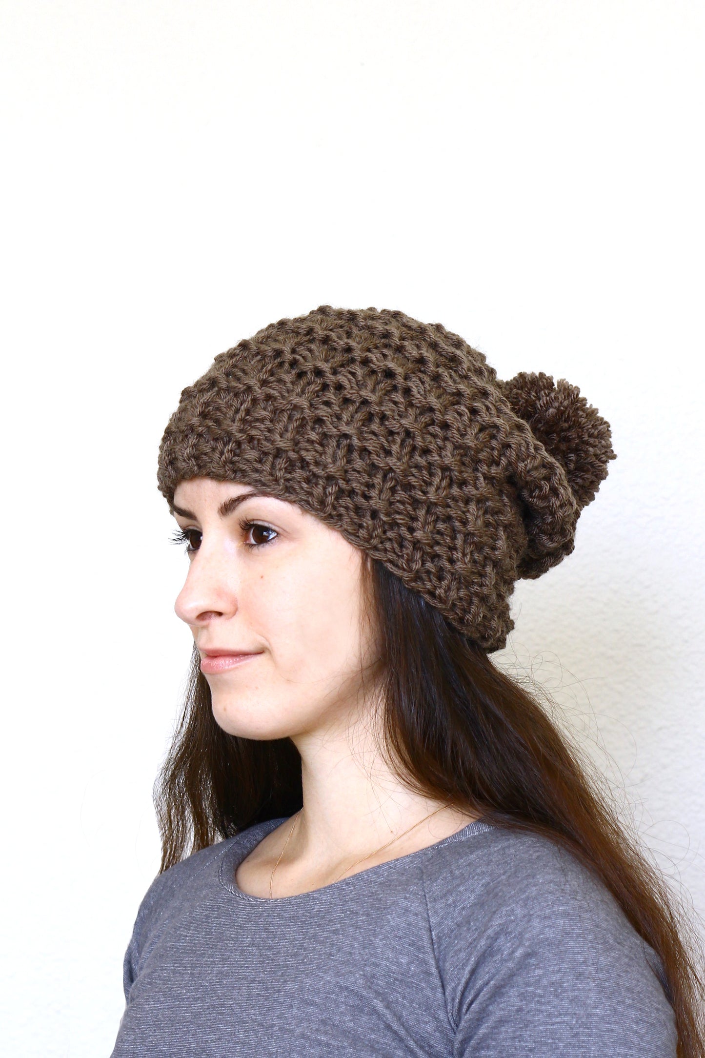 Knit beanie hat, slouchy hat with pom in taupe brown color