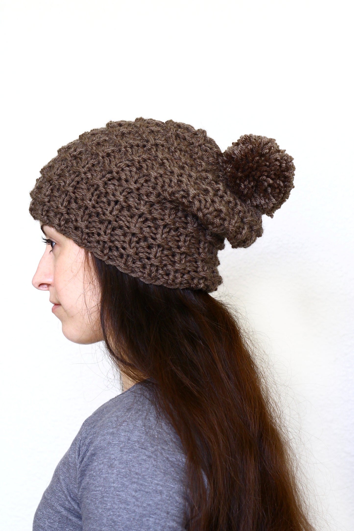 Knit beanie hat, slouchy hat with pom in taupe brown color