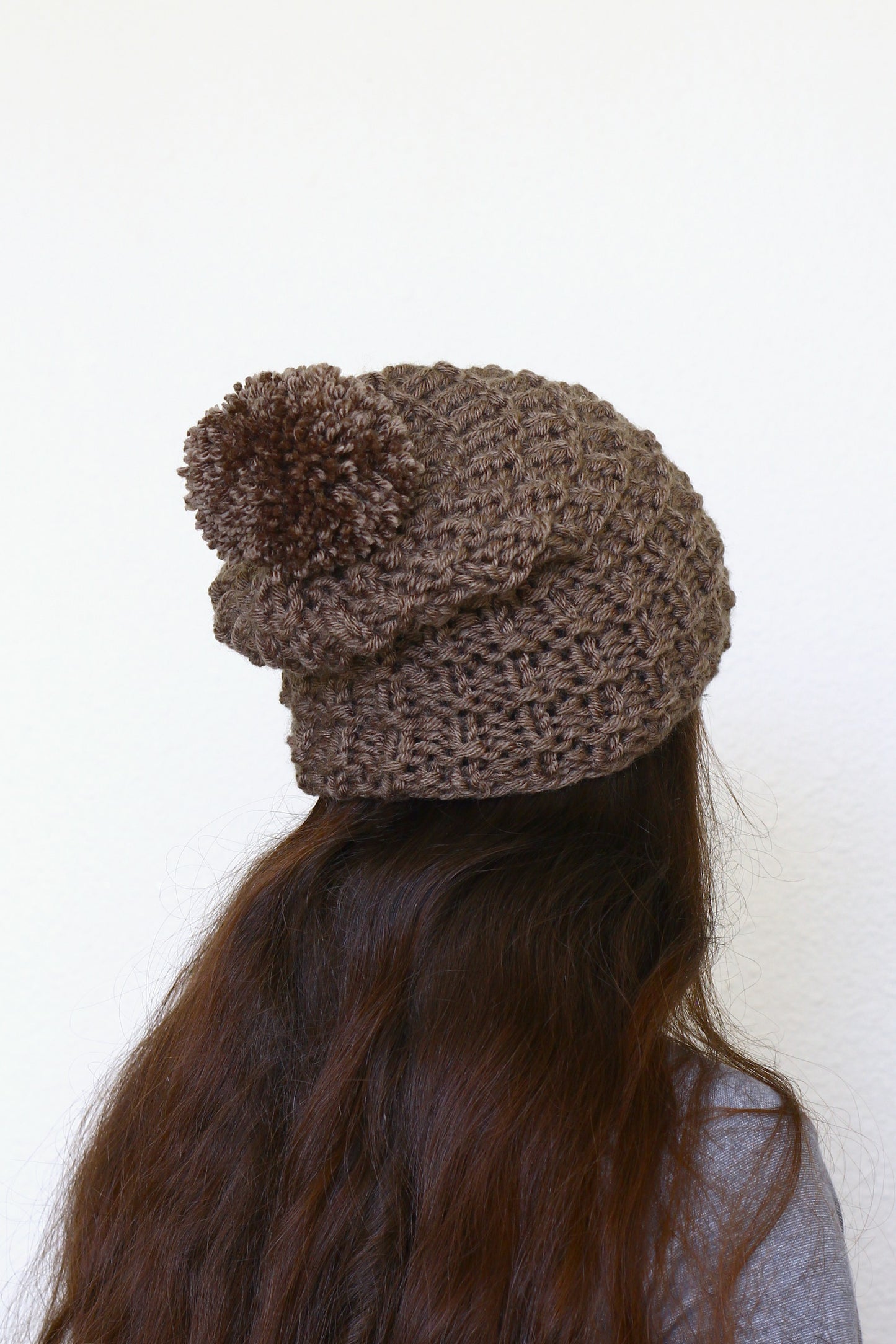 Knit beanie hat, slouchy hat with pom in taupe brown color