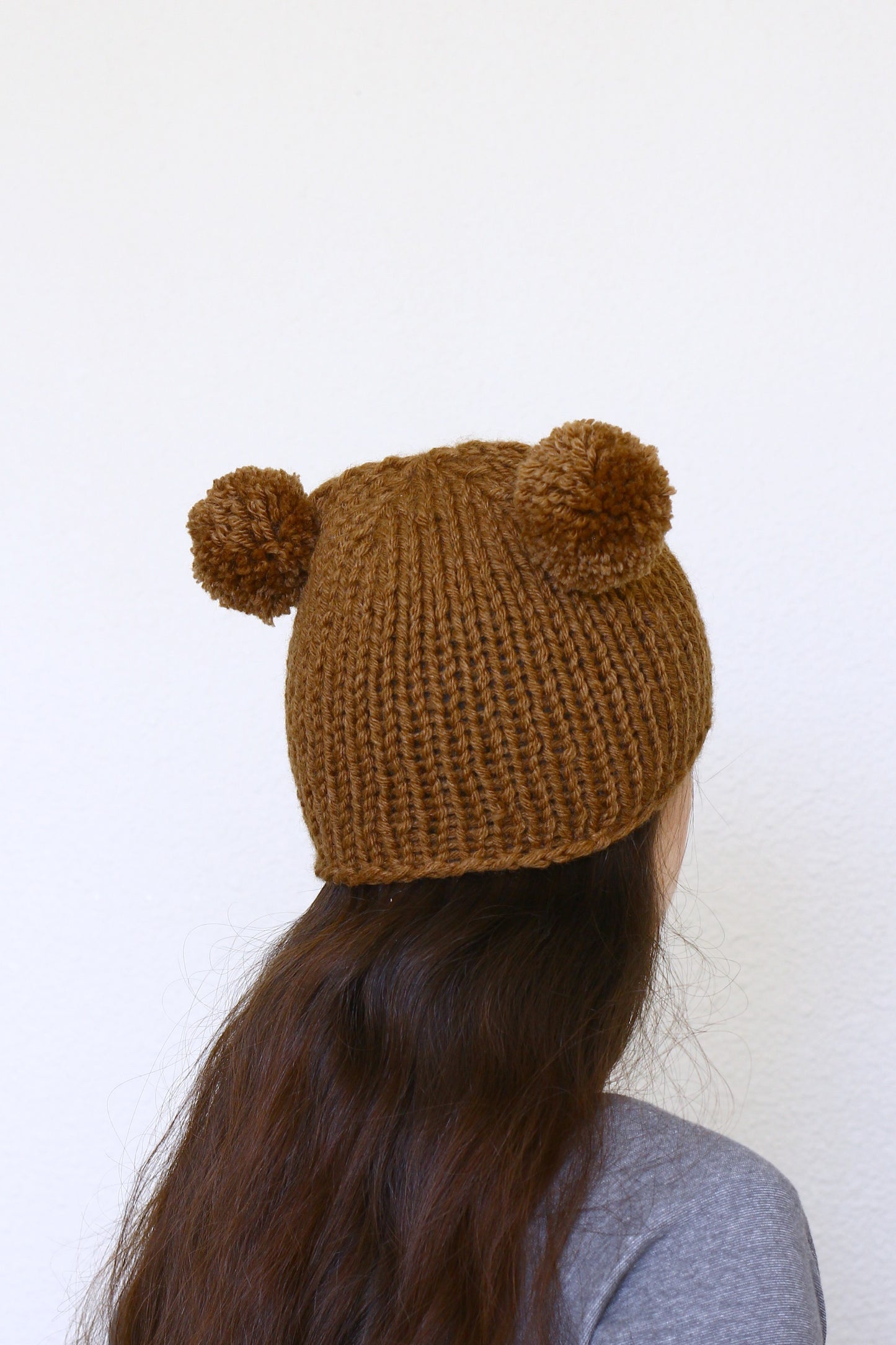 Knit hat with two poms, knit skull hat in chocolate brown color