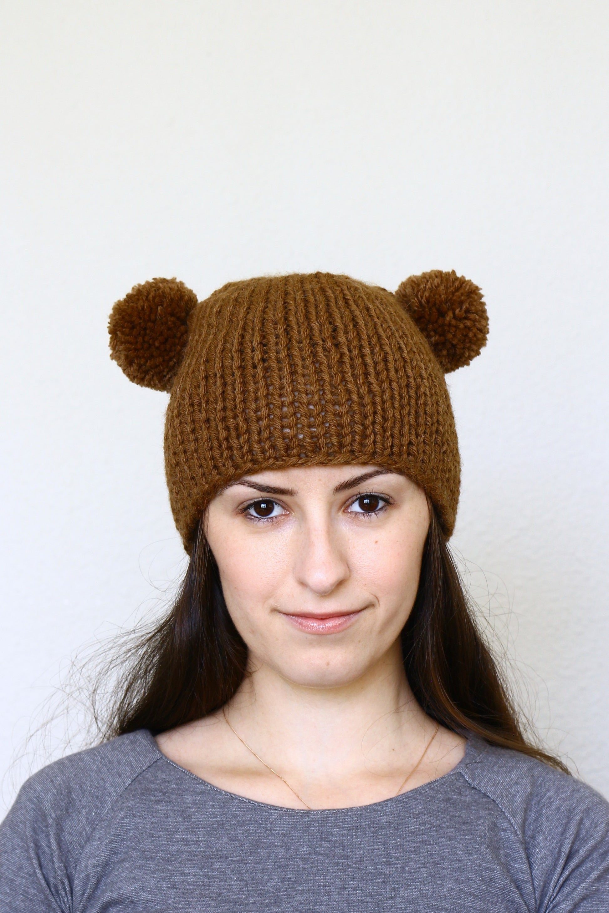 Knit hat with two poms, knit skull hat in chocolate brown color