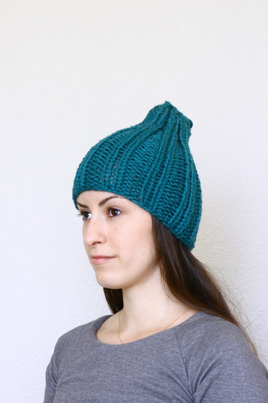 Knit beanie hat, slouchy hat in teal blue color
