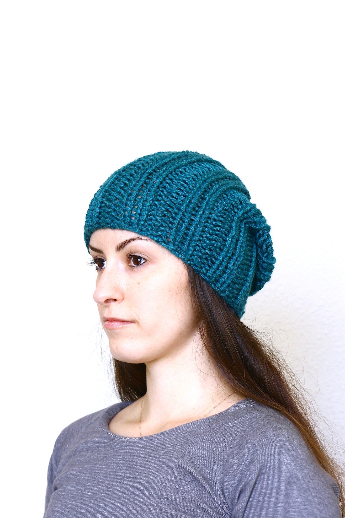 Knit beanie hat, slouchy hat in teal blue color