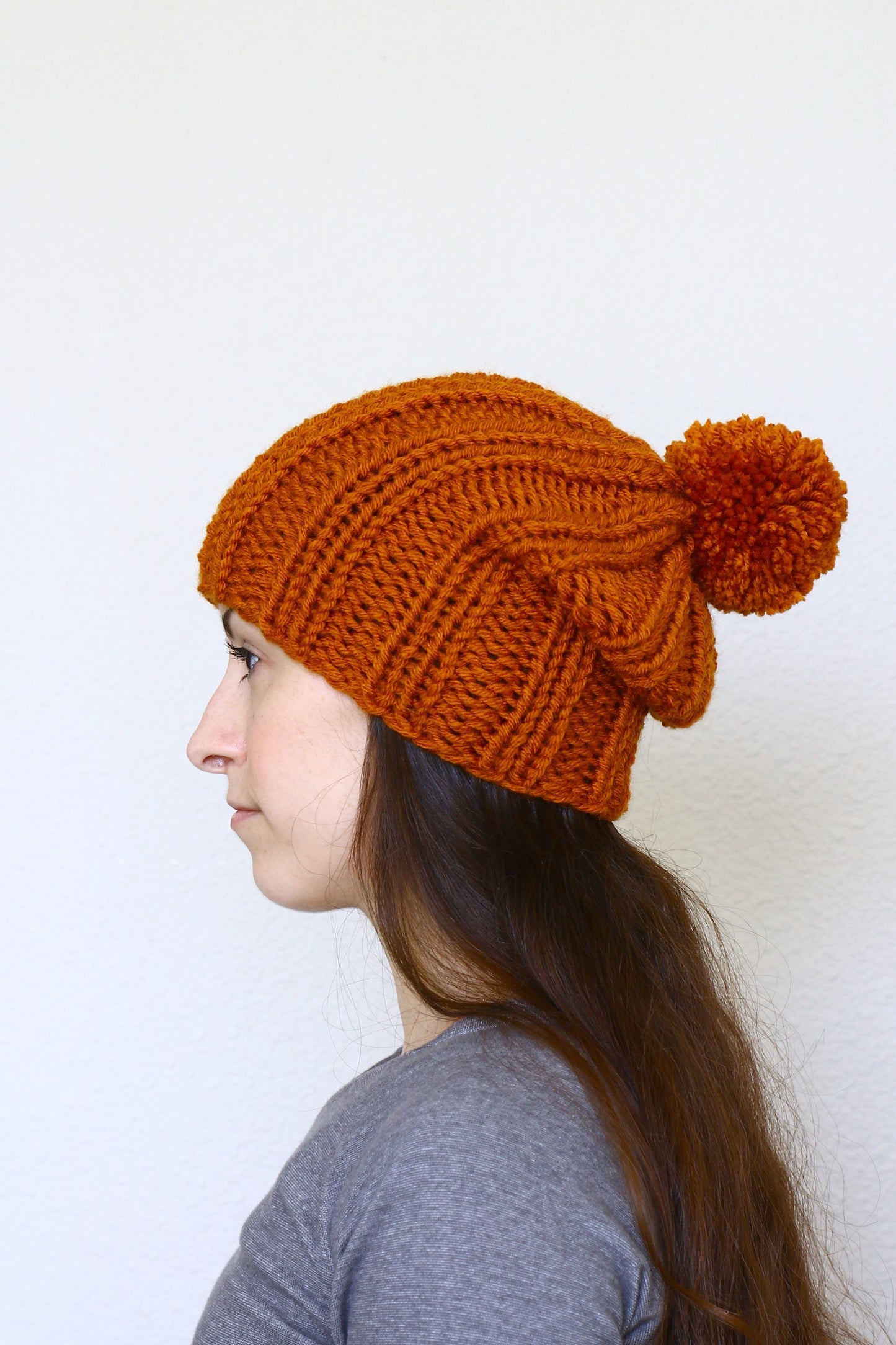 Knit beanie hat, slouchy hat in rust orange color
