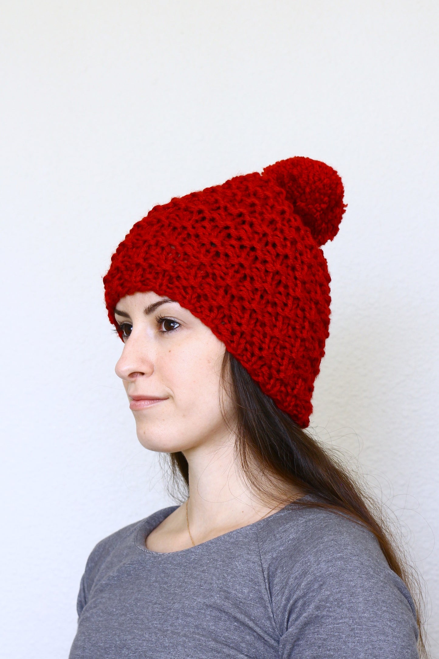 Knit beanie hat, slouchy hat with pom in cranberry red color