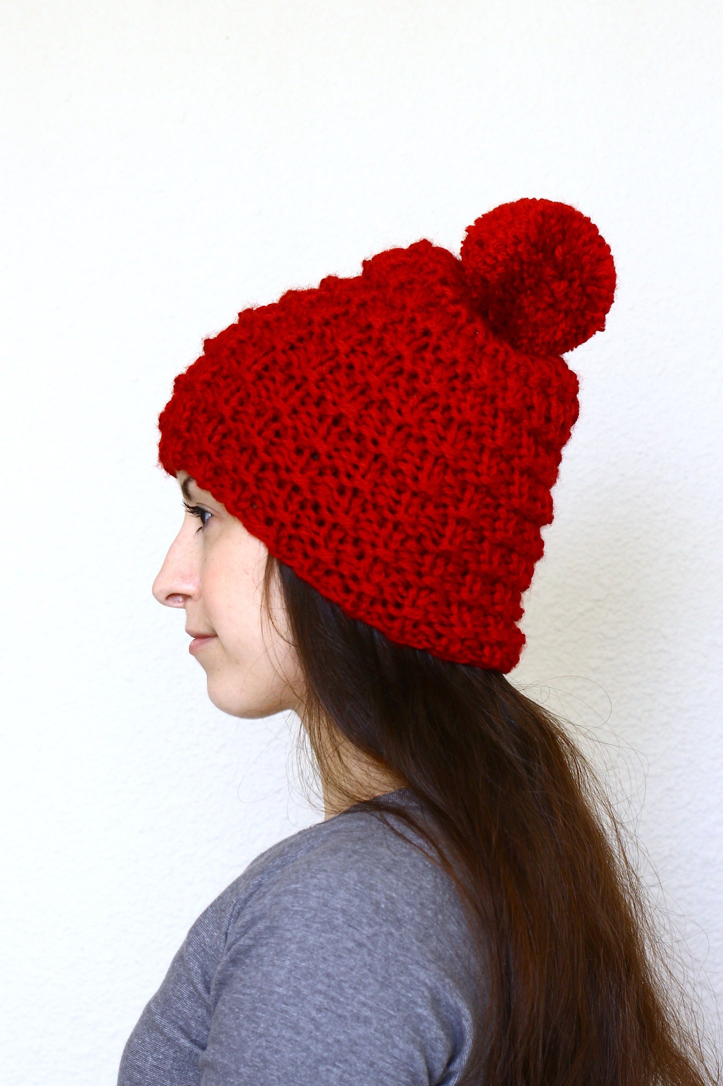 Knit beanie hat, slouchy hat with pom in cranberry red color