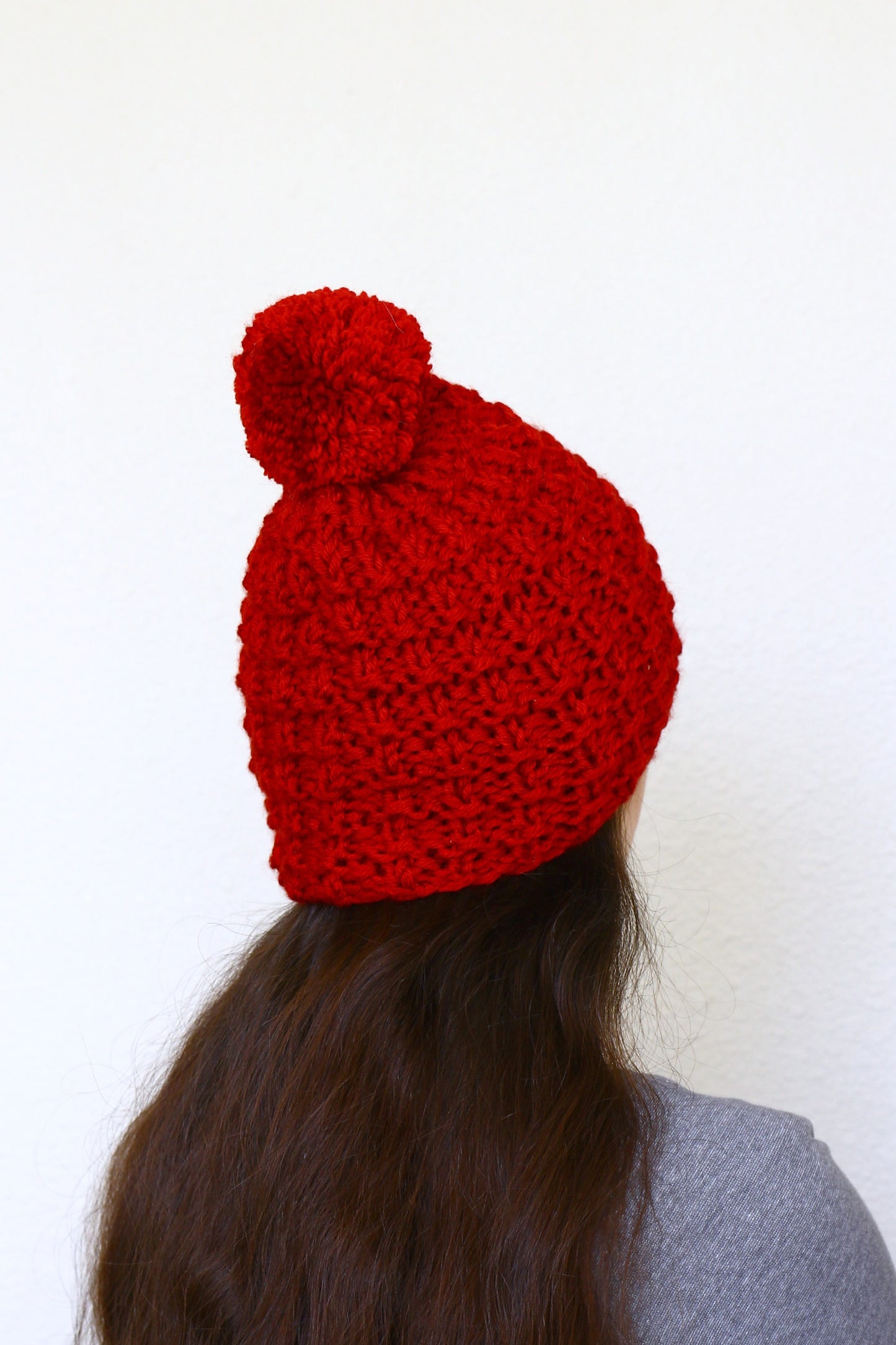 Knit beanie hat, slouchy hat with pom in cranberry red color