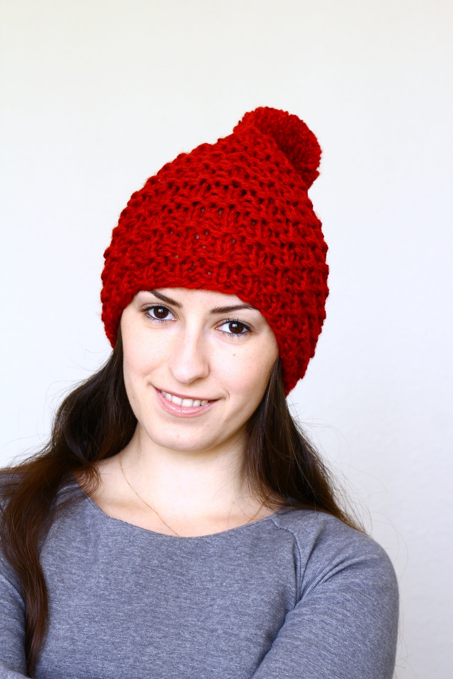 Knit beanie hat, slouchy hat with pom in cranberry red color