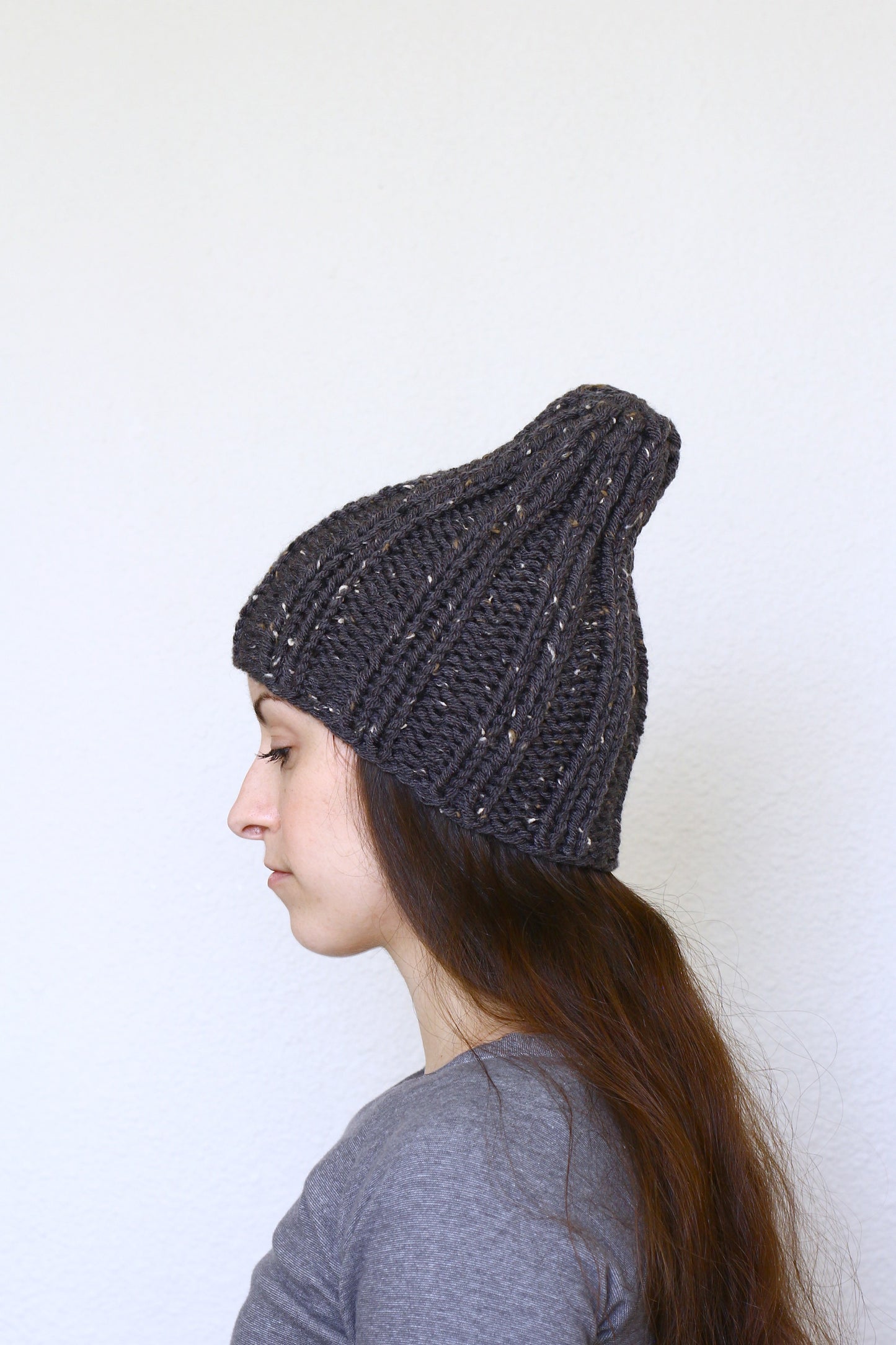 Knit beanie hat, ski hat in dark grey color