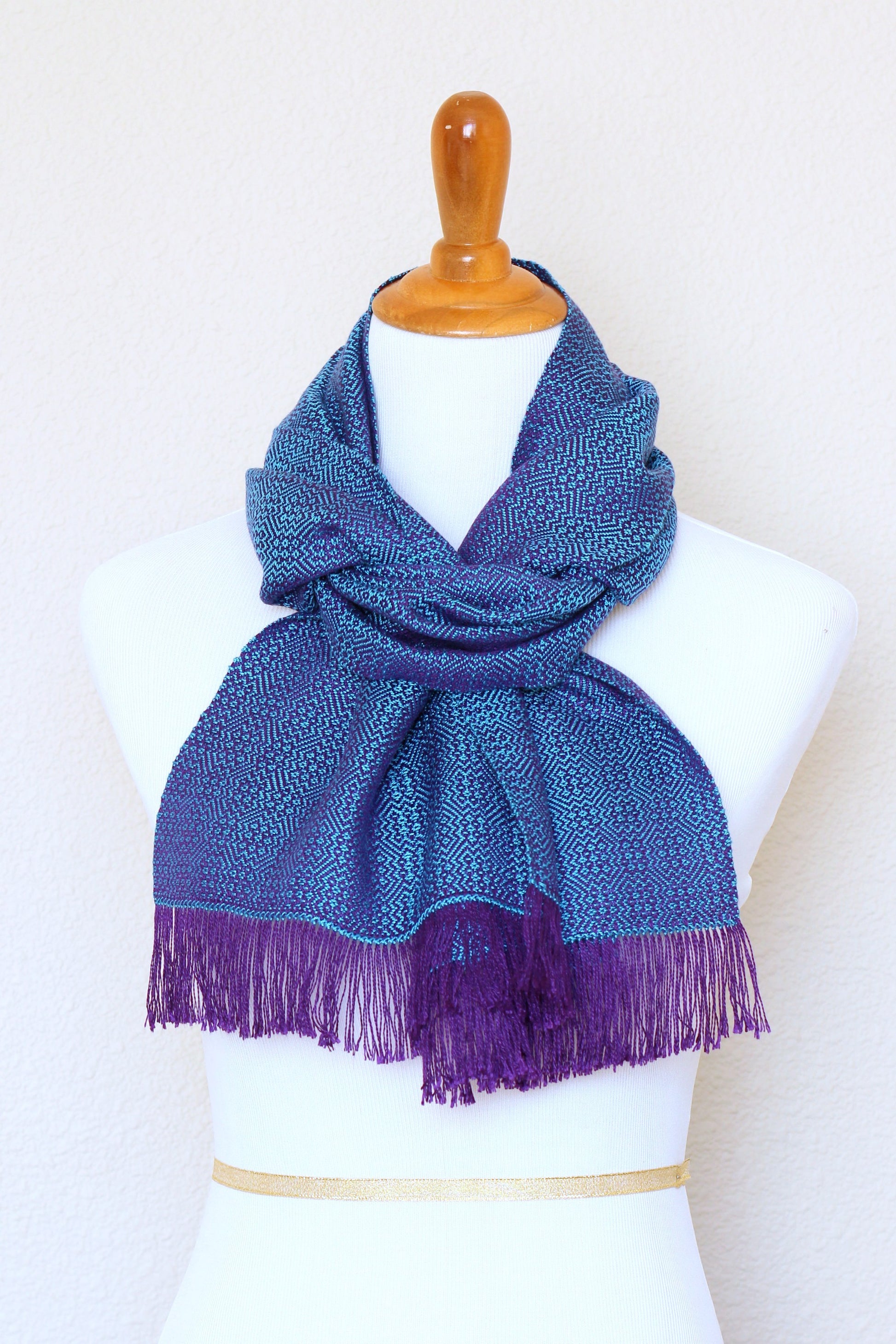 Woven scarf in blue and purple color, eucalyptus scarf with fringe