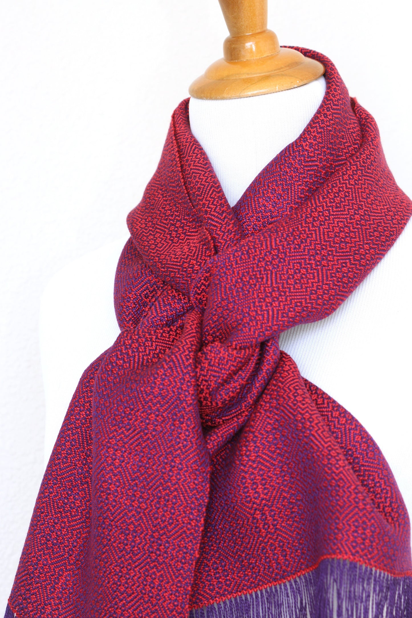 Woven scarf in red and purple color, eucalyptus scarf with fringe