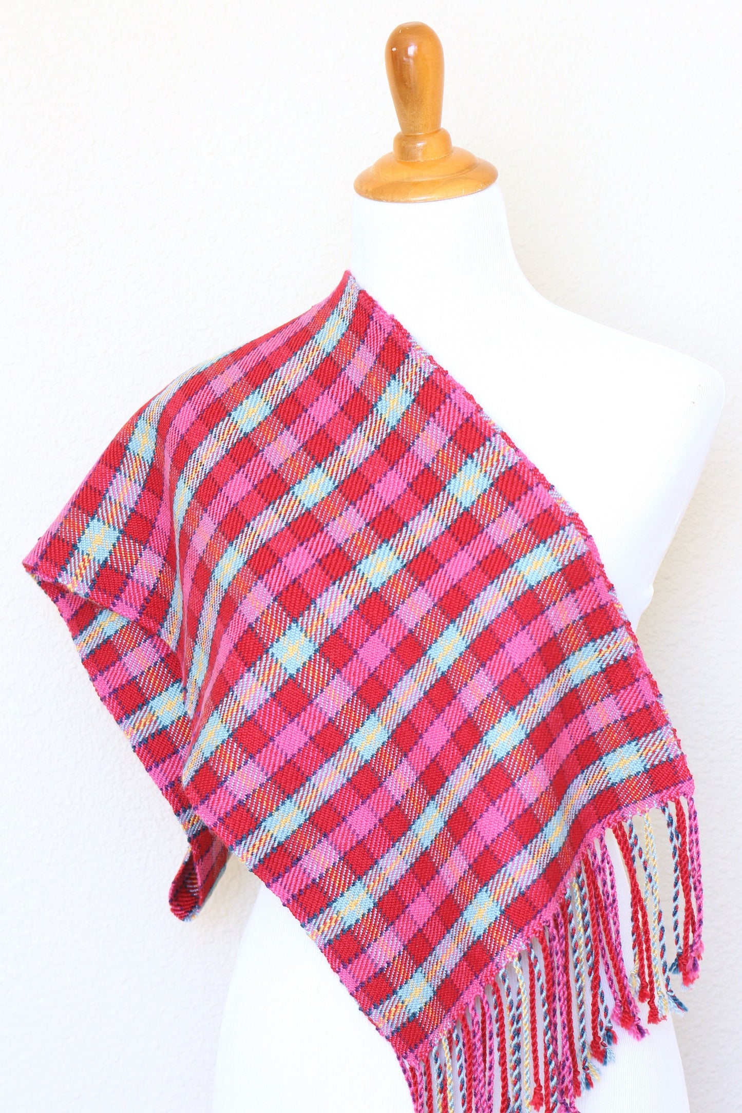 Woven tartan scarf in pink fuchsia and blue colors, long scarf with fringe
