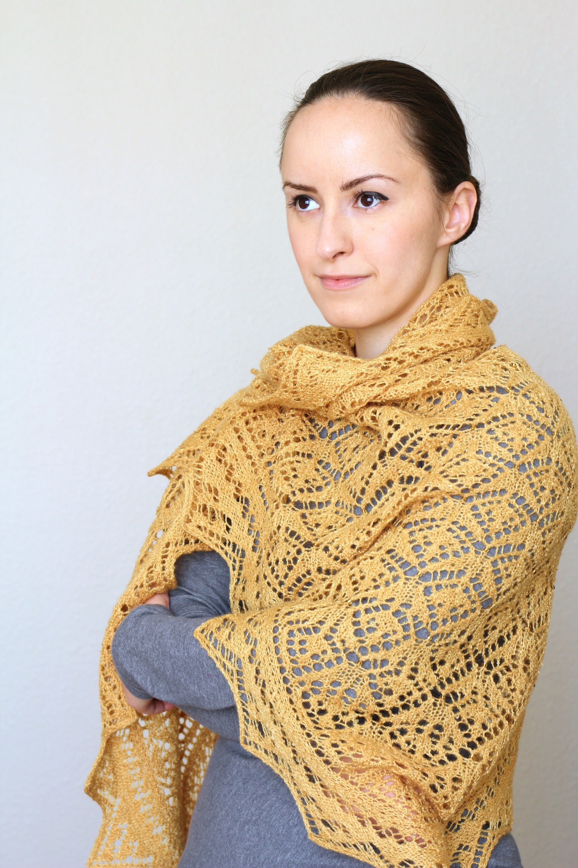 Knit shawl, wedding shawl in mustard yellow color, bridesmaids shawl, bridal shawl