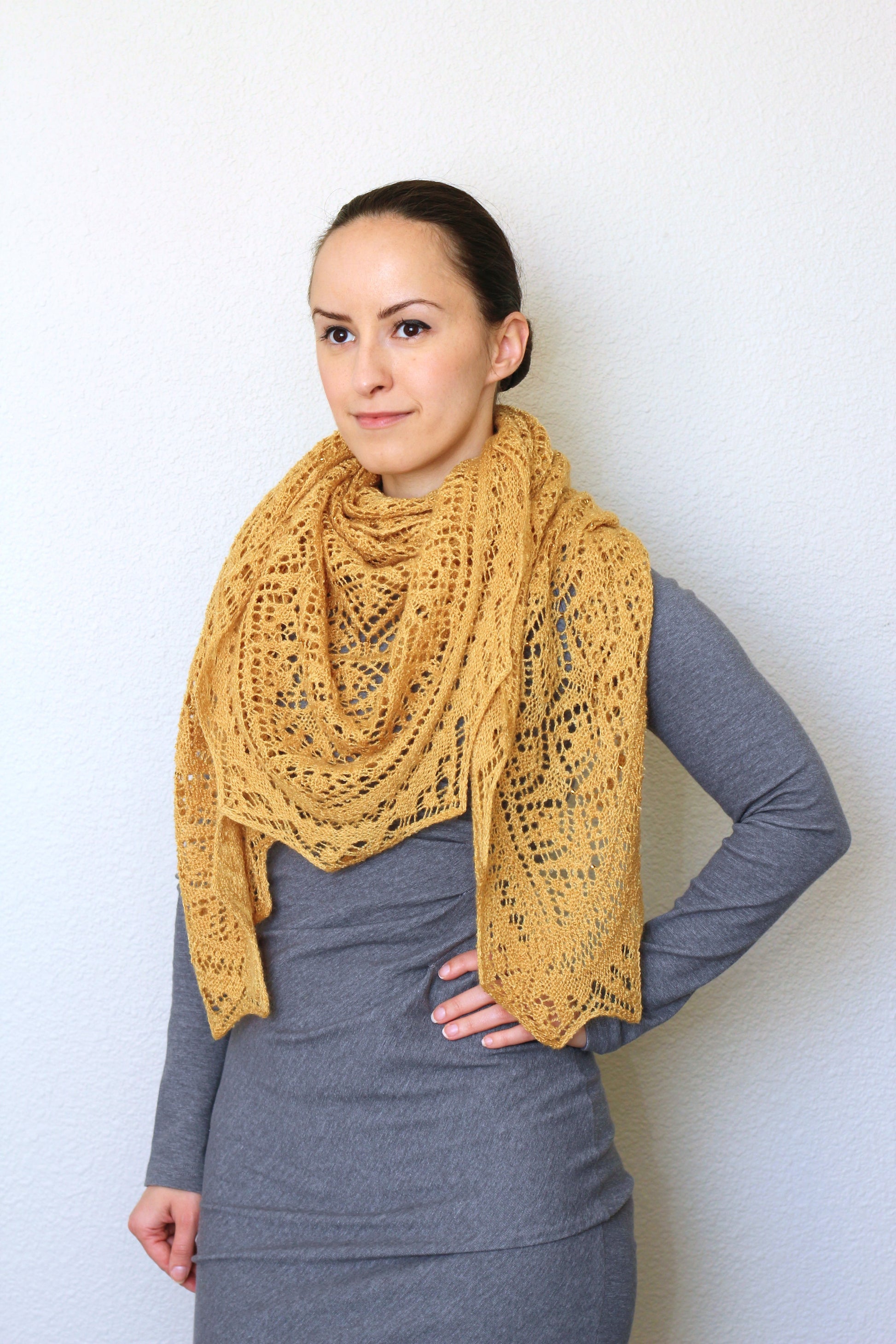 Knit shawl, wedding shawl in mustard yellow color, bridesmaids shawl, bridal shawl
