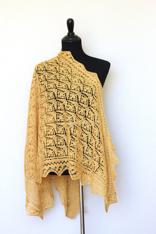 Knit shawl, wedding shawl in mustard yellow color, bridesmaids shawl, bridal shawl