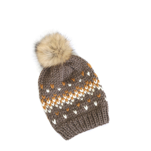Knit Beanie Hat with Faux Fur Pom - Fair Isle Light Grey Hat
