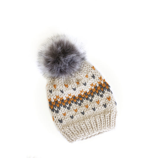 Knit Beanie Hat with Faux Fur Pom - Fair Isle Light Grey Hat