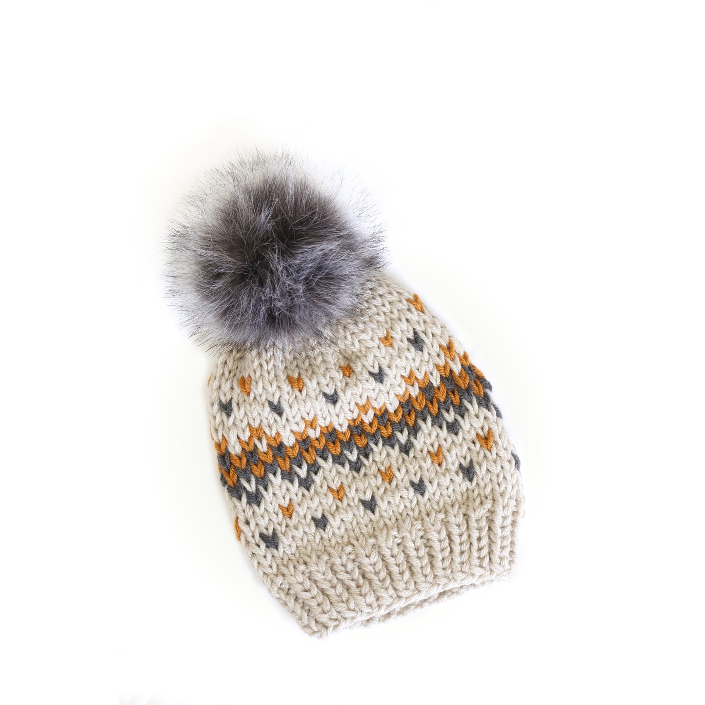 Knit Beanie Hat with Faux Fur Pom - Fair Isle Taupe Brown Hat