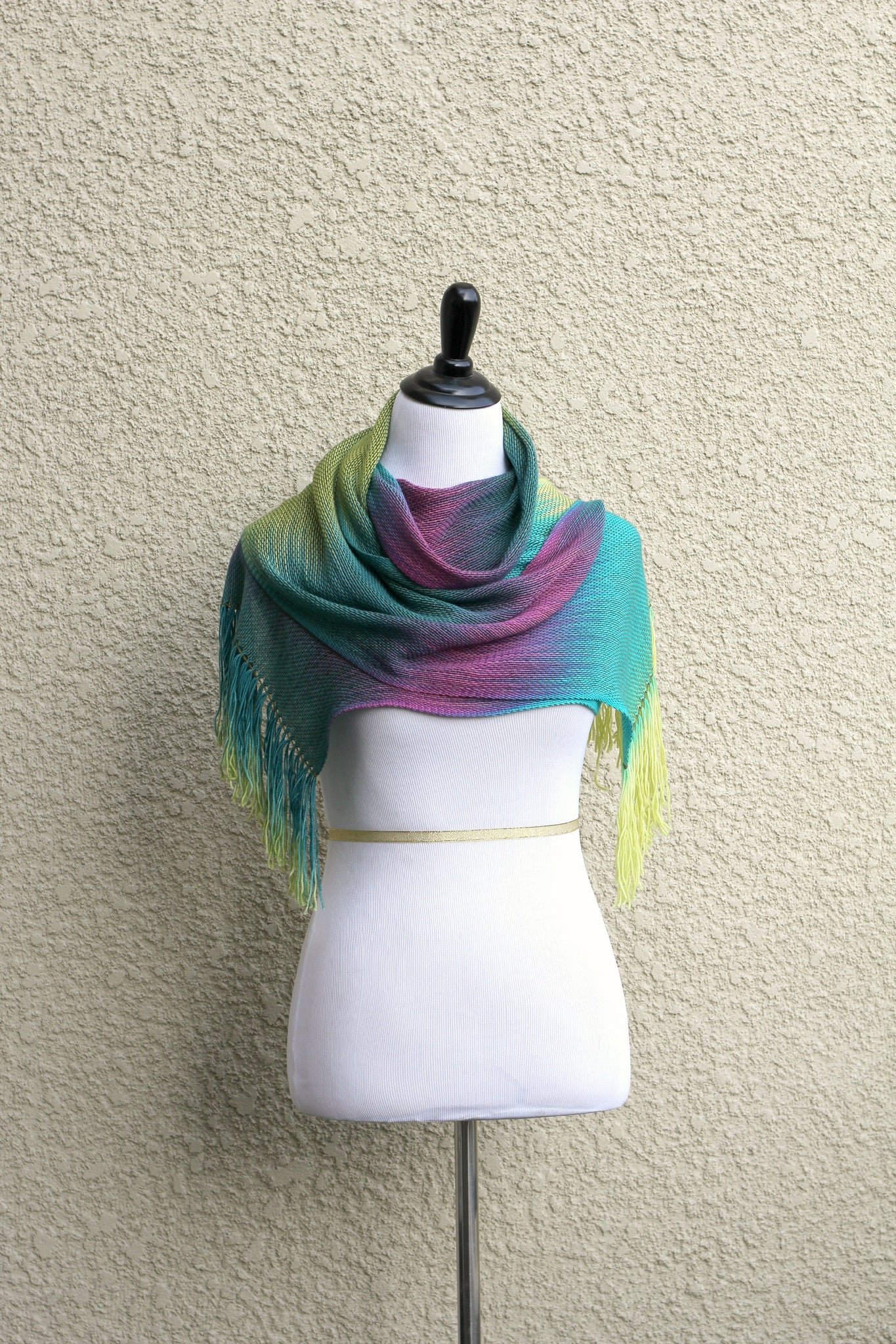 Woven scarf in green, yellow and fuchsia colors, gift for her