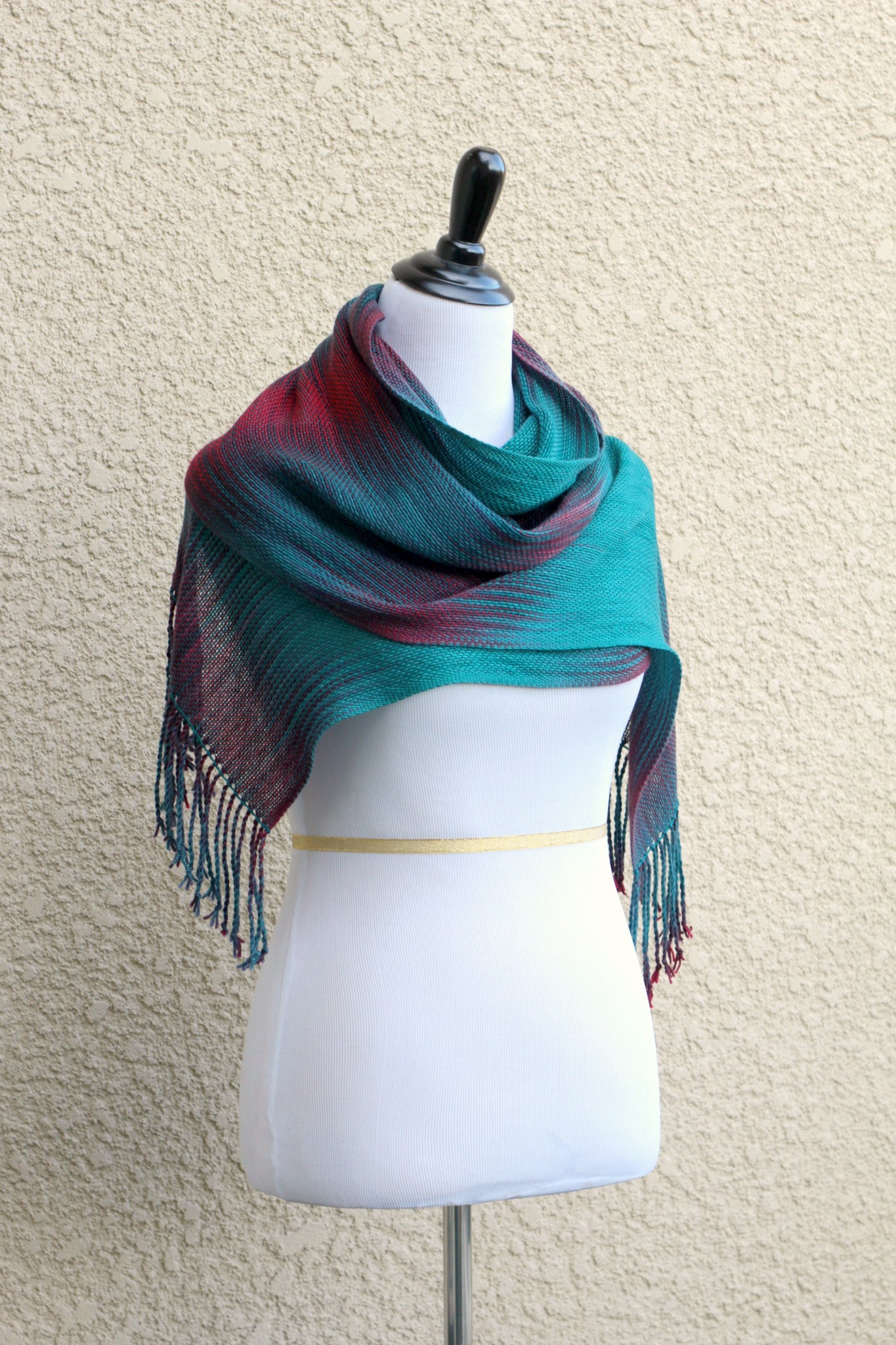 Woven scarf in dark teal, burgundy and red colors, gift for her