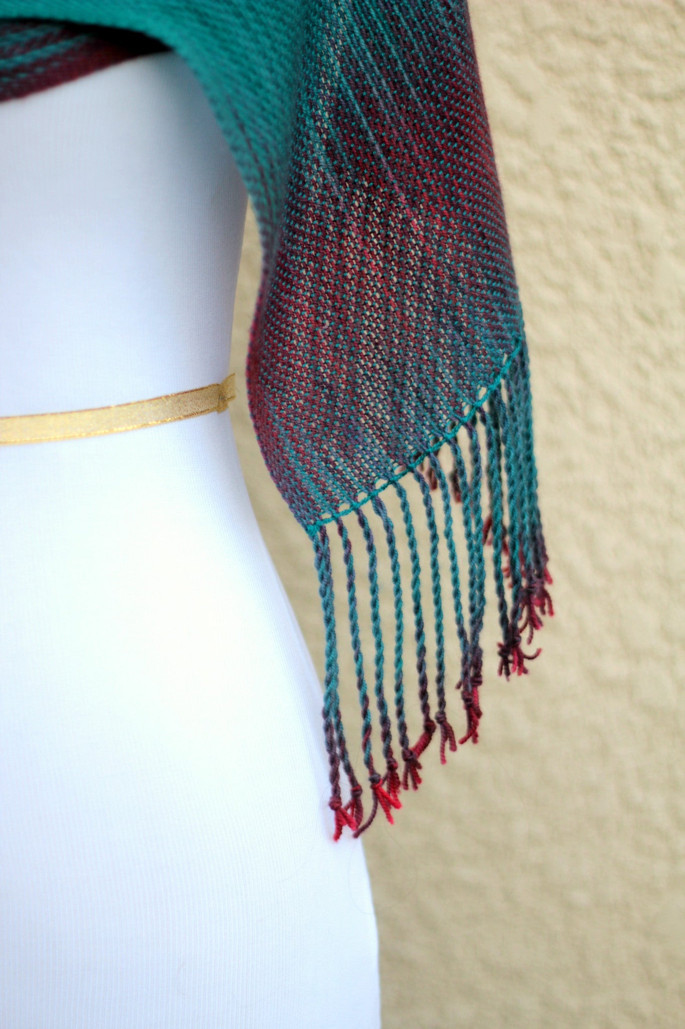 Woven scarf in dark teal, burgundy and red colors, gift for her