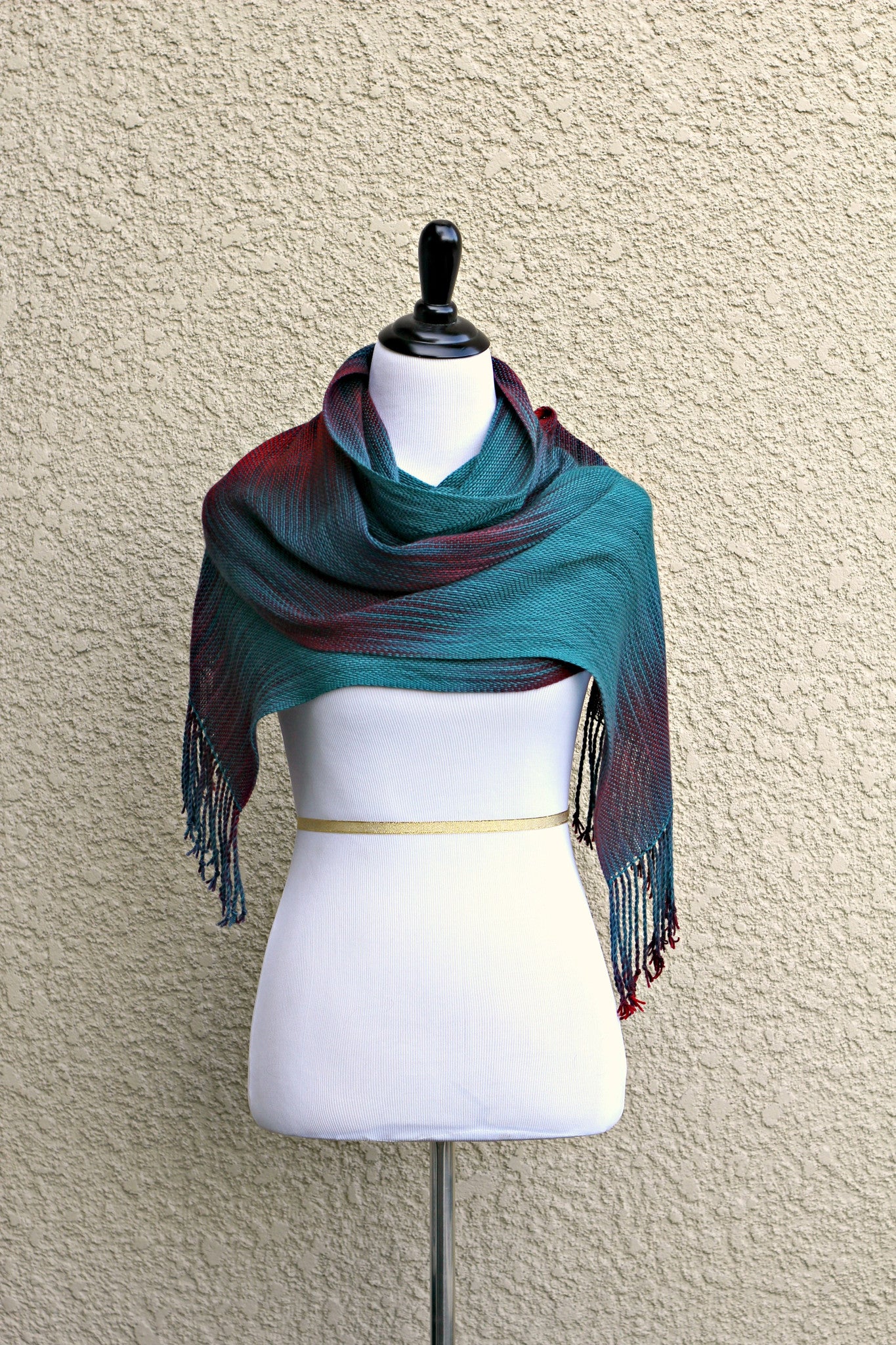 Woven scarf in dark teal, burgundy and red colors, gift for her