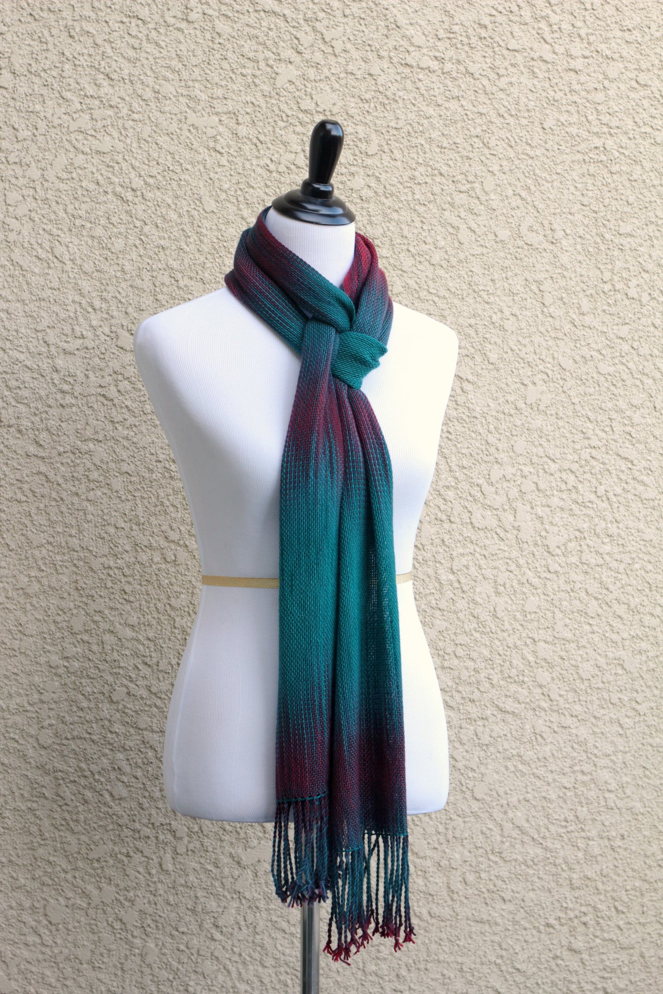 Woven scarf in dark teal, burgundy and red colors, gift for her