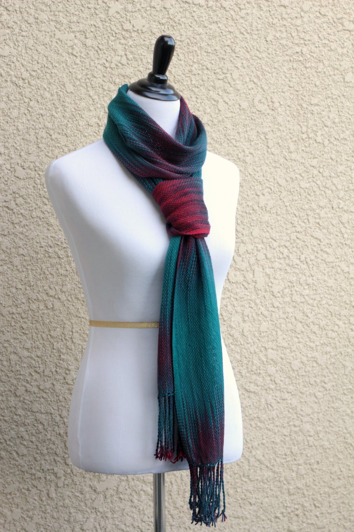 Woven scarf in dark teal, burgundy and red colors, gift for her