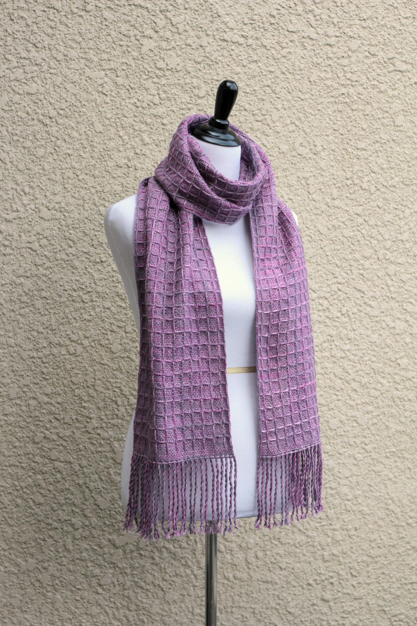 Hand woven scarf in lilac violet colors with waffle pattern