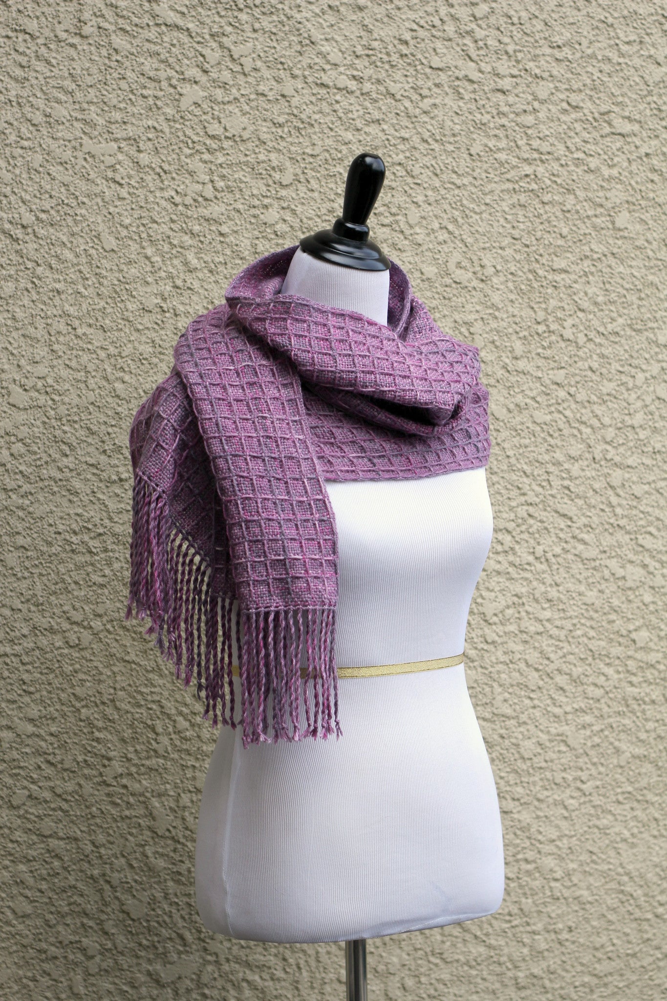 Hand woven scarf in lilac violet colors with waffle pattern