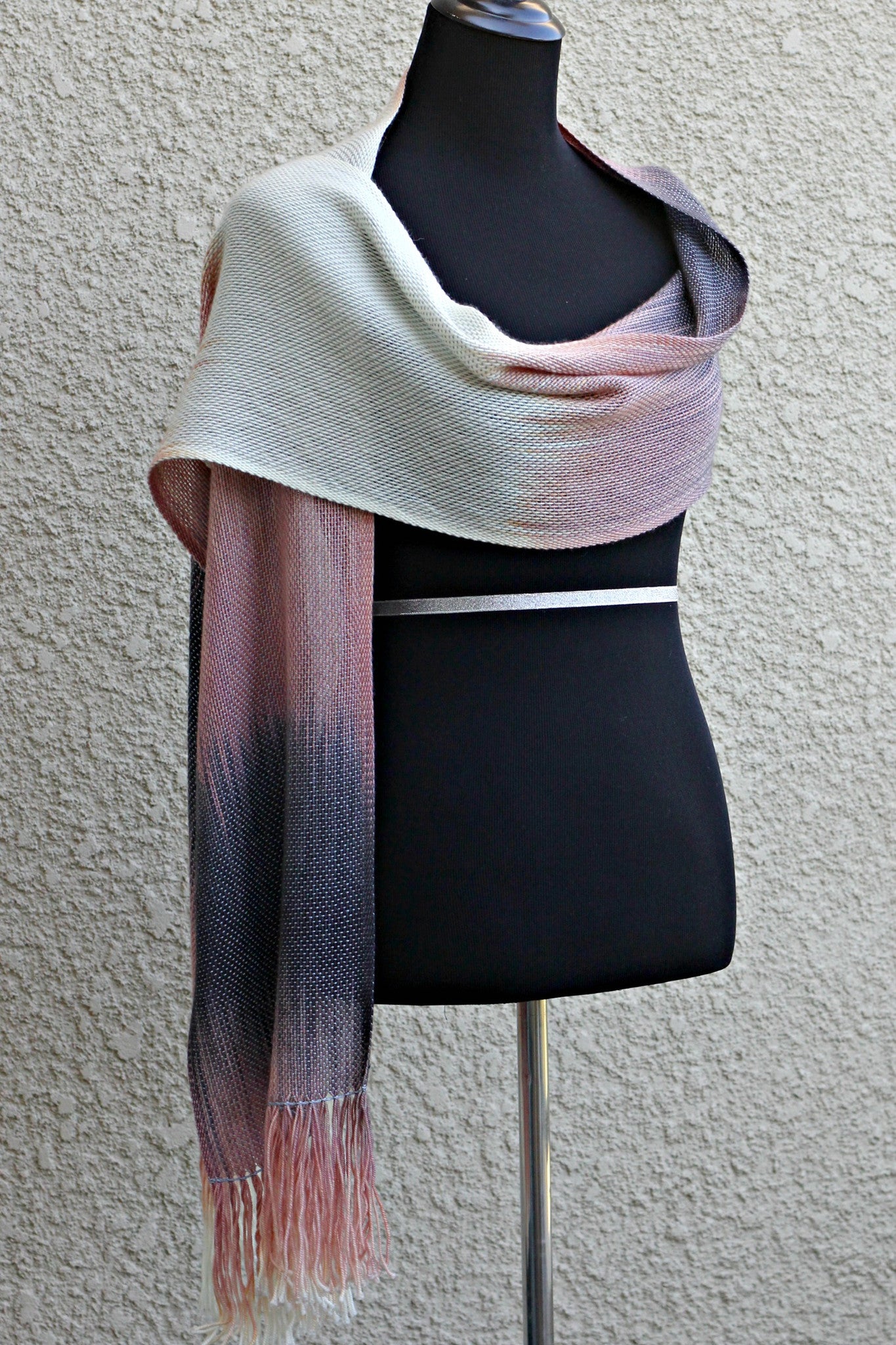 Hand woven long scarf gradient color pink cream dark grey blanket scarf with fringe