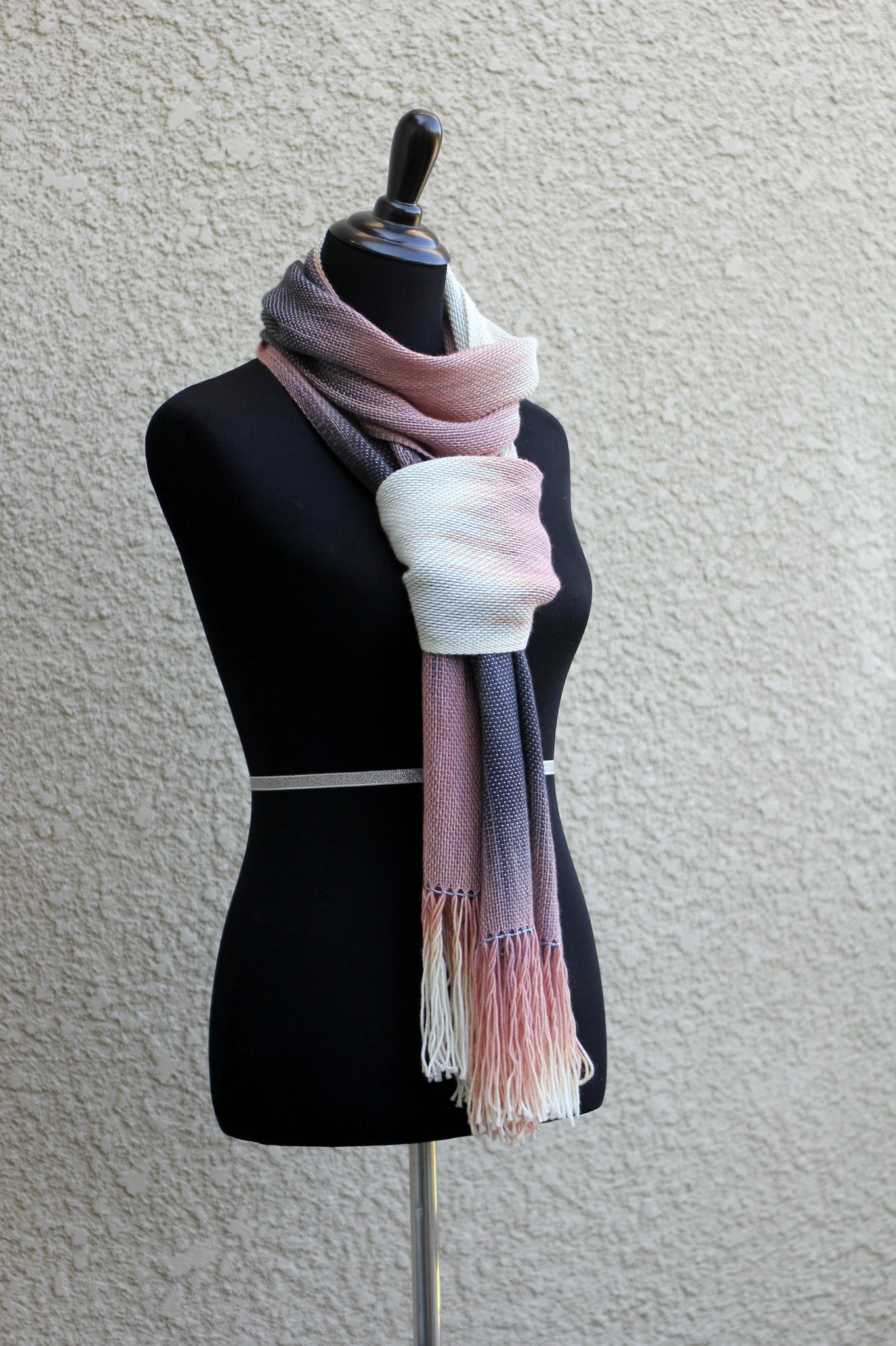 Hand woven long scarf gradient color pink cream dark grey blanket scarf with fringe