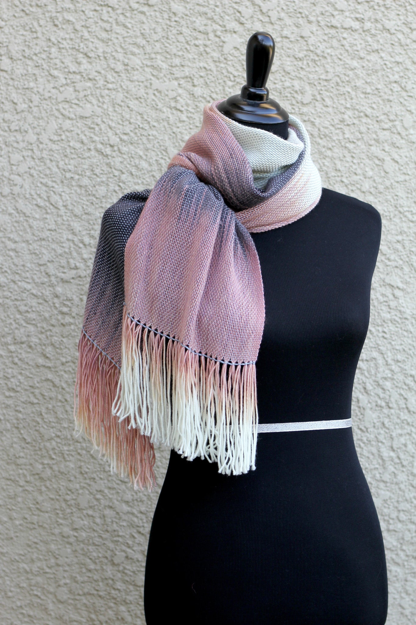 Hand woven long scarf gradient color pink cream dark grey blanket scarf with fringe