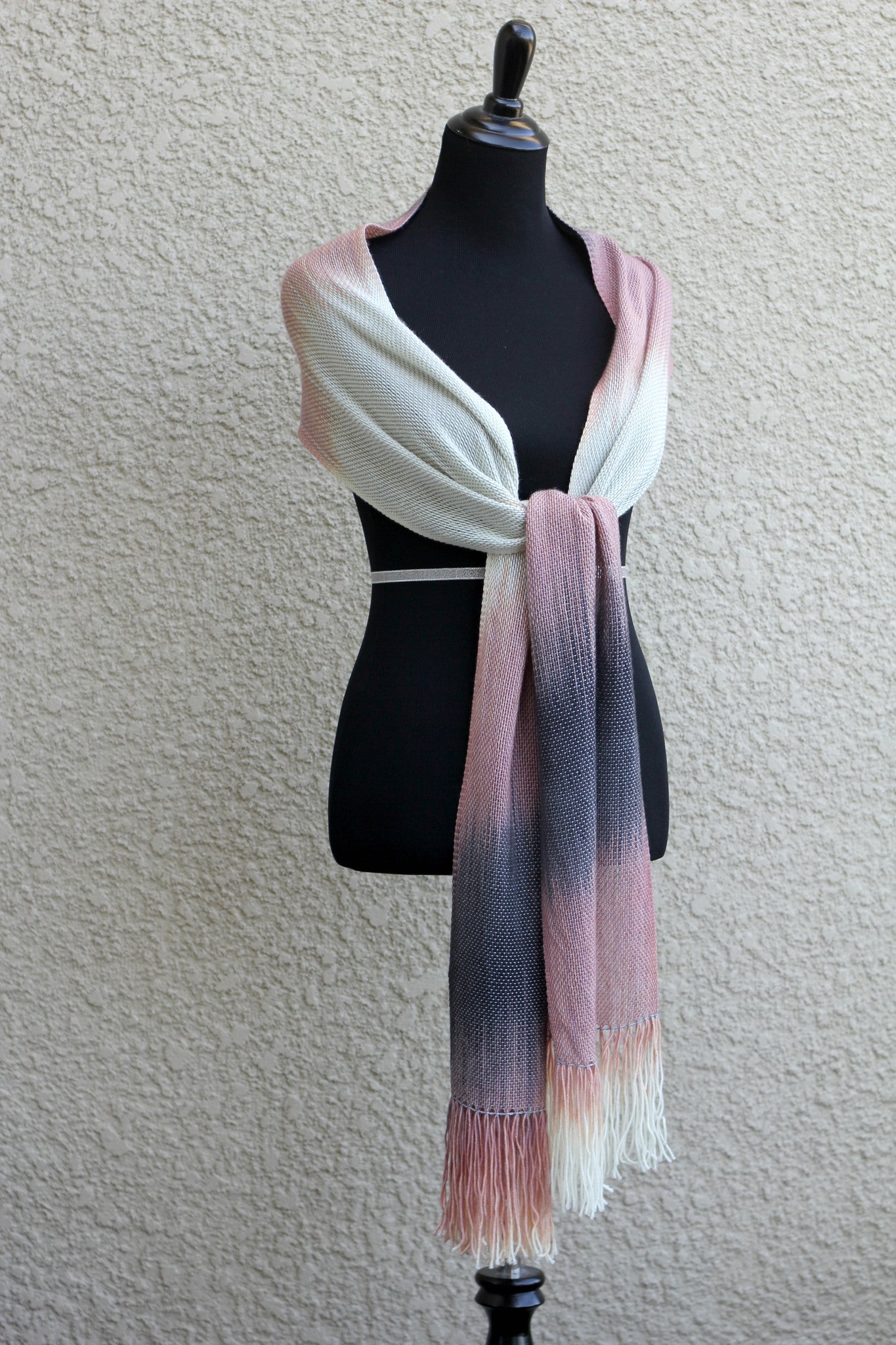 Hand woven long scarf gradient color pink cream dark grey blanket scarf with fringe