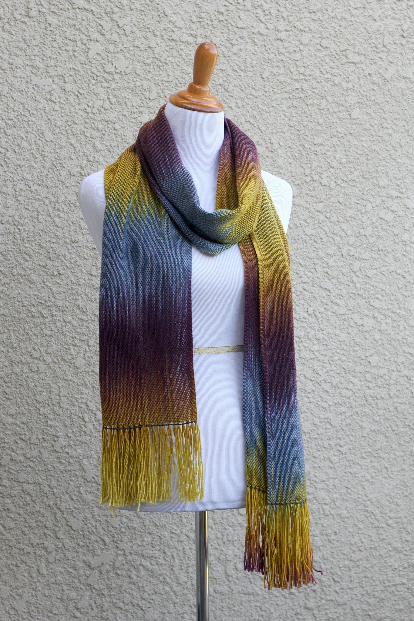 Hand woven scarf, woven wrap in mustard, purple and blue colors