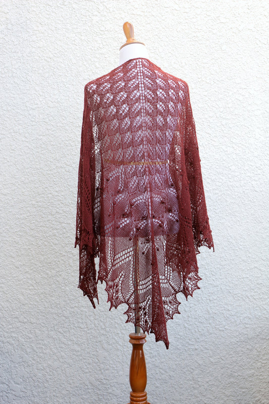 Knit lace shawl in brown coffee color with nupps
