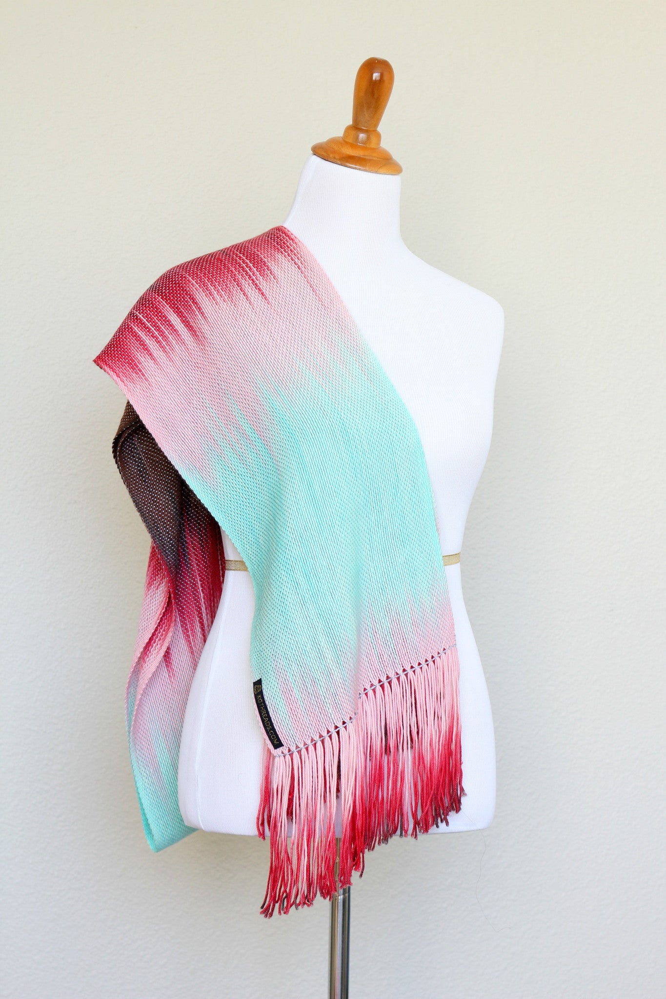 Woven scarf in pink, mint and red colors, gift for her