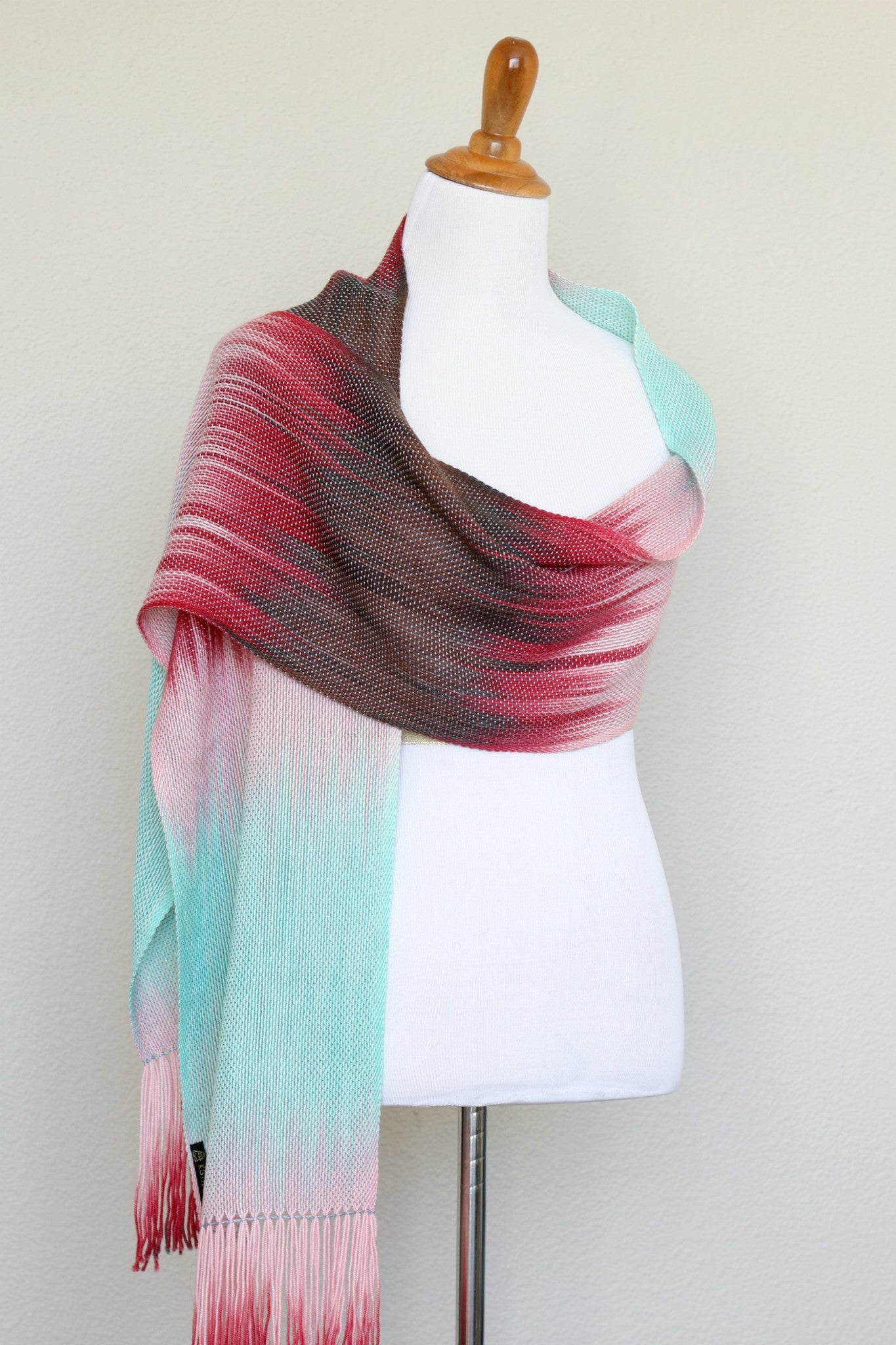 Woven scarf in pink, mint and red colors, gift for her