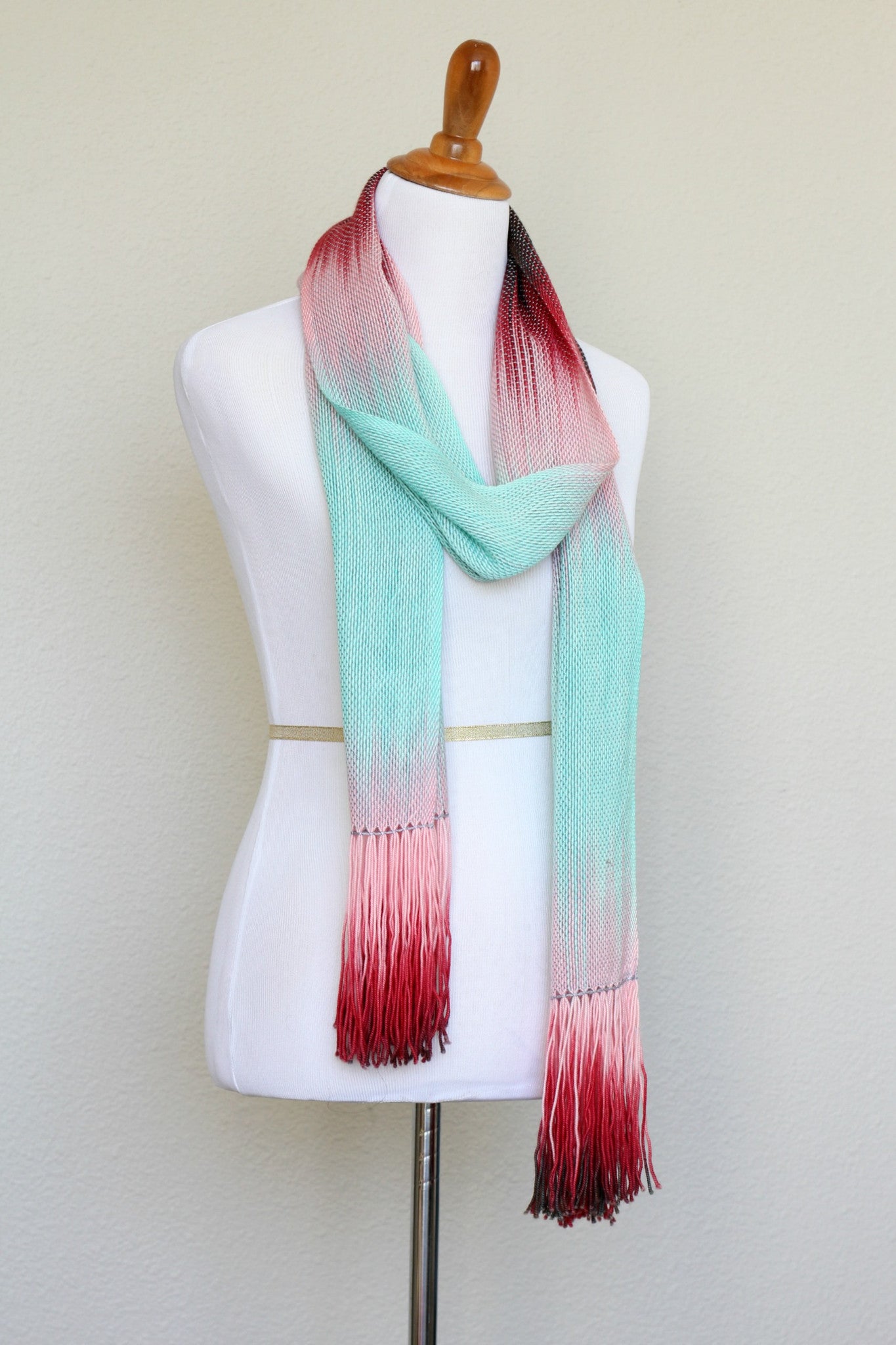 Woven scarf in pink, mint and red colors, gift for her