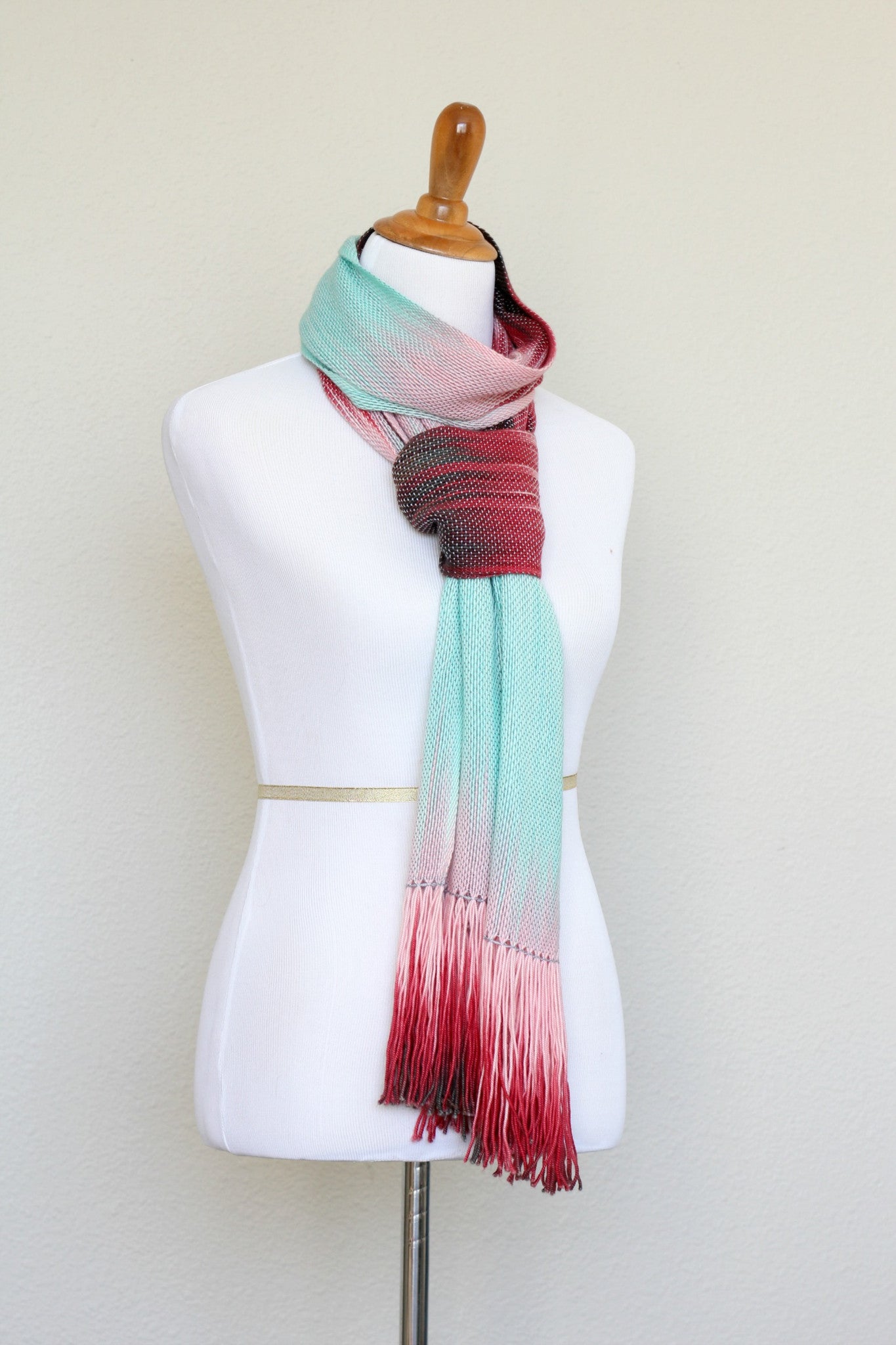 Woven scarf in pink, mint and red colors, gift for her