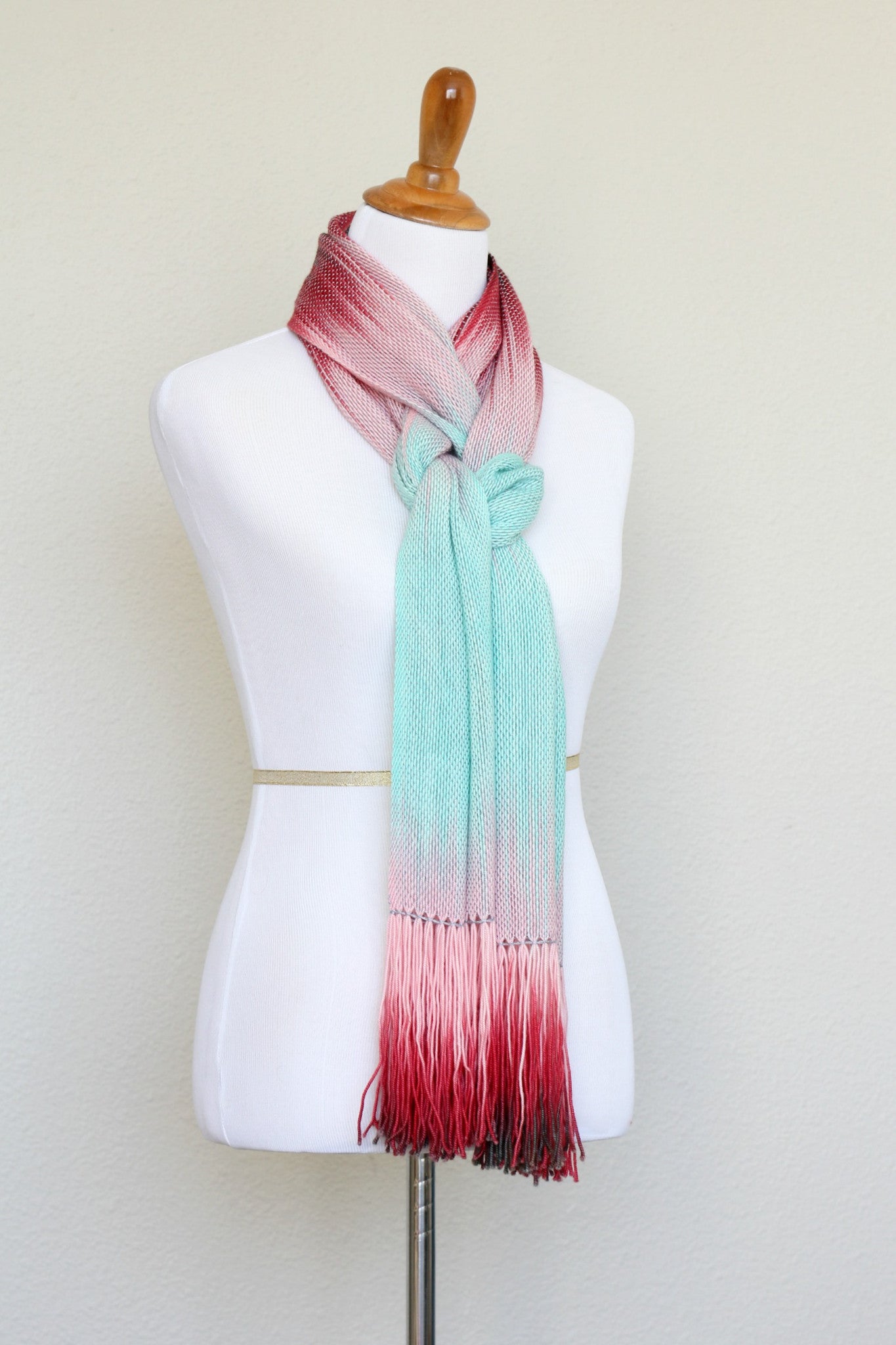 Woven scarf in pink, mint and red colors, gift for her