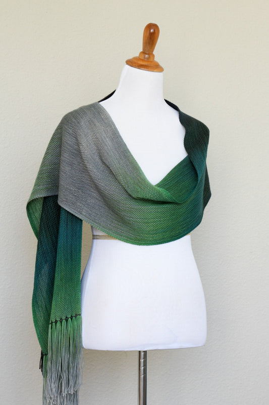 Woven scarf in green and grey colors, woven wrap