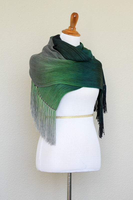 Woven scarf in green and grey colors, woven wrap