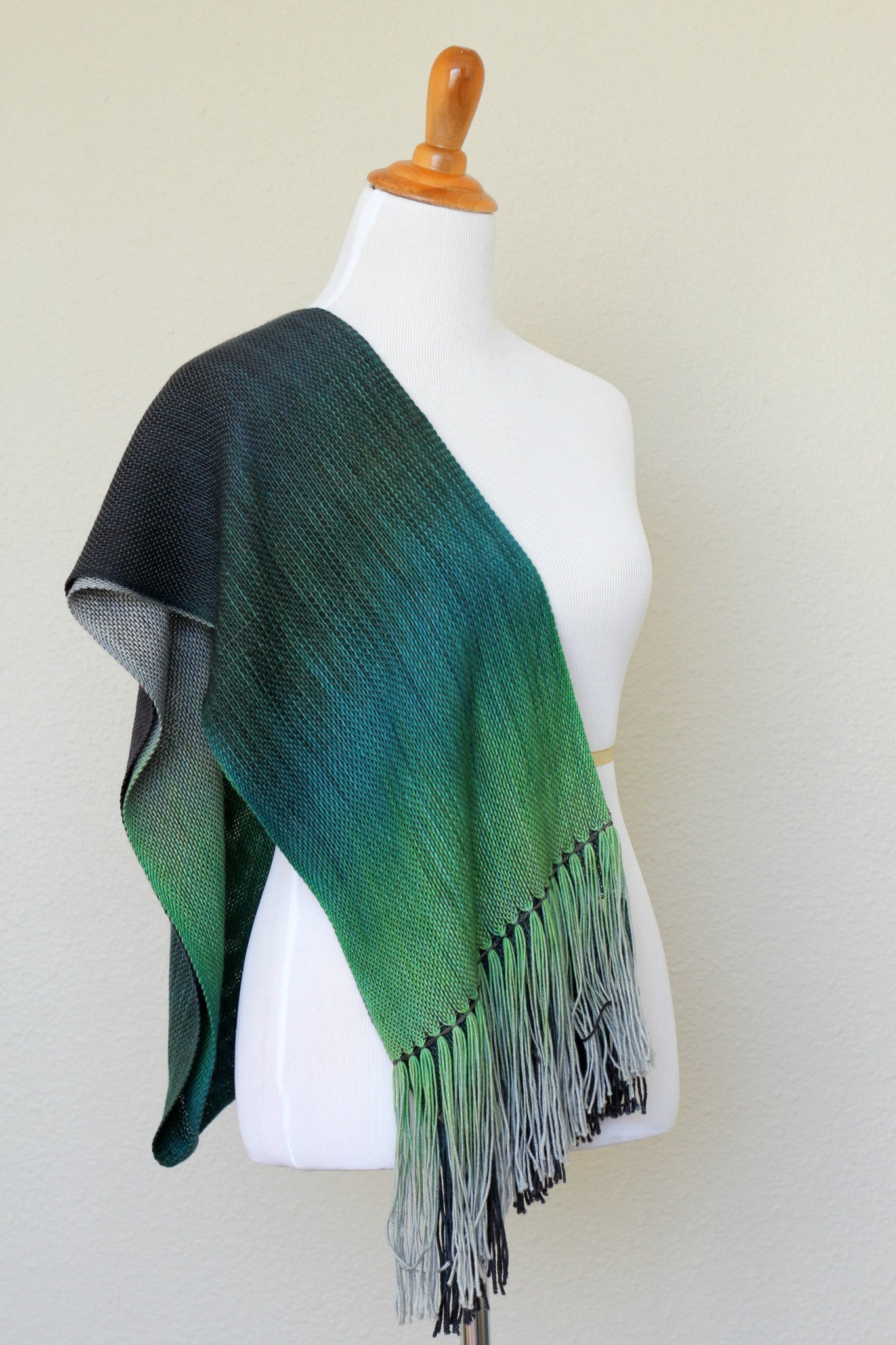 Woven scarf in green and grey colors, woven wrap