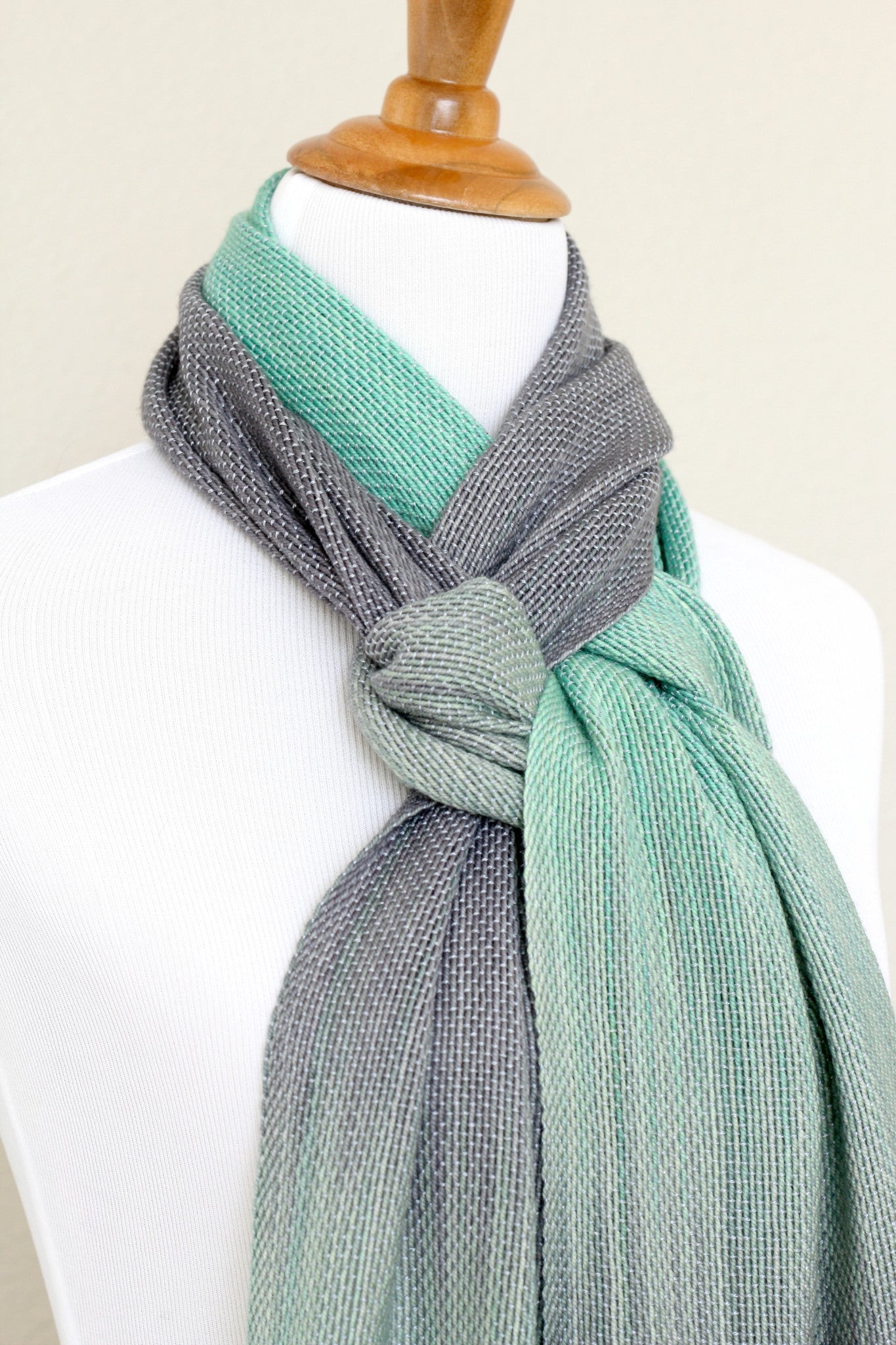 Woven scarf in mint green and grey colors, woven wrap